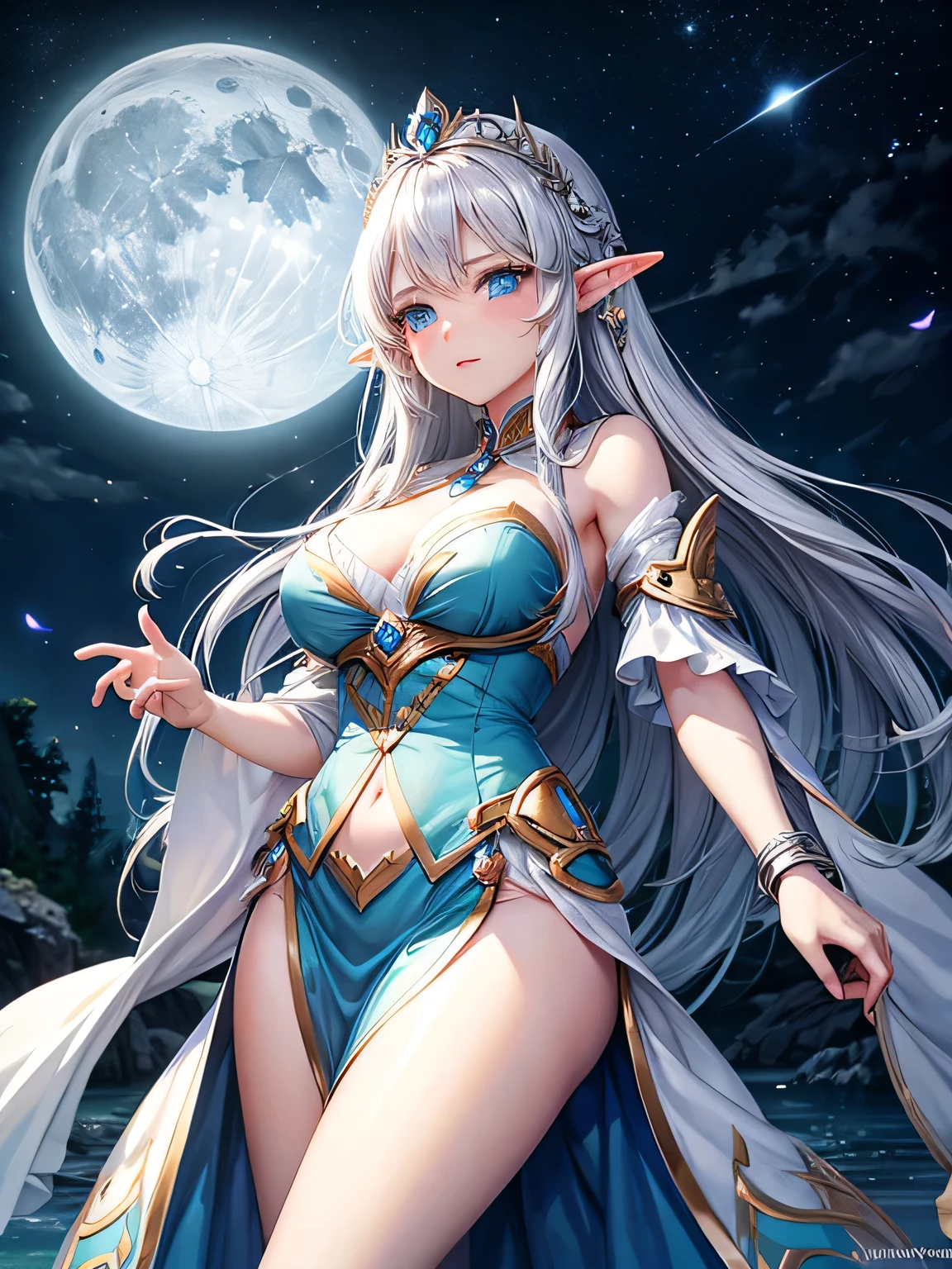 Elf princess with silver hair and blue eyes and a moon behind her