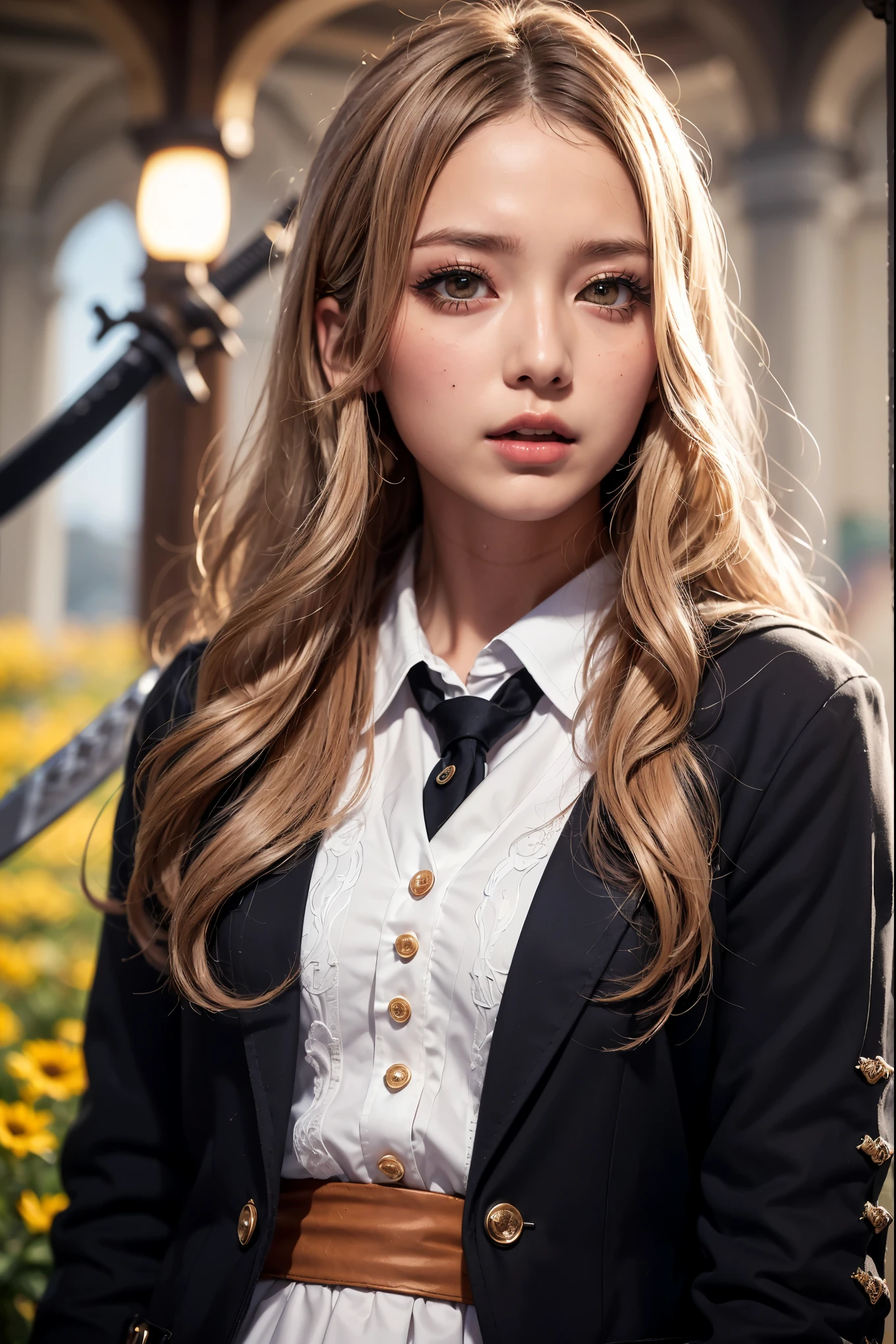 Realistic, masterpiece, highest quality, Highest Resolution, Japanese , , Upper body photo, Looks sleepy, Spaced out, Open your mouth, Beautiful and detailed eye drawing, (Droopy eyes:1.3), Dark Eyes, Thin eyebrows, Draw eyelashes carefully, Eyelash extensions, Gal Makeup, Orange Cheek,  (White brown wavy hair, Long Hair, middle part:1.3), (Hidden eyelid wrinkles:1.3), (Gothic uniform, blazer, Add a little armor feel:1.3),(Like a magic swordsman:1.4),  (The subject was photographed from above at an angle:1.3), (Flower Field:1.3), (Face close-up, Stand up and try to impress the audience:1.5)