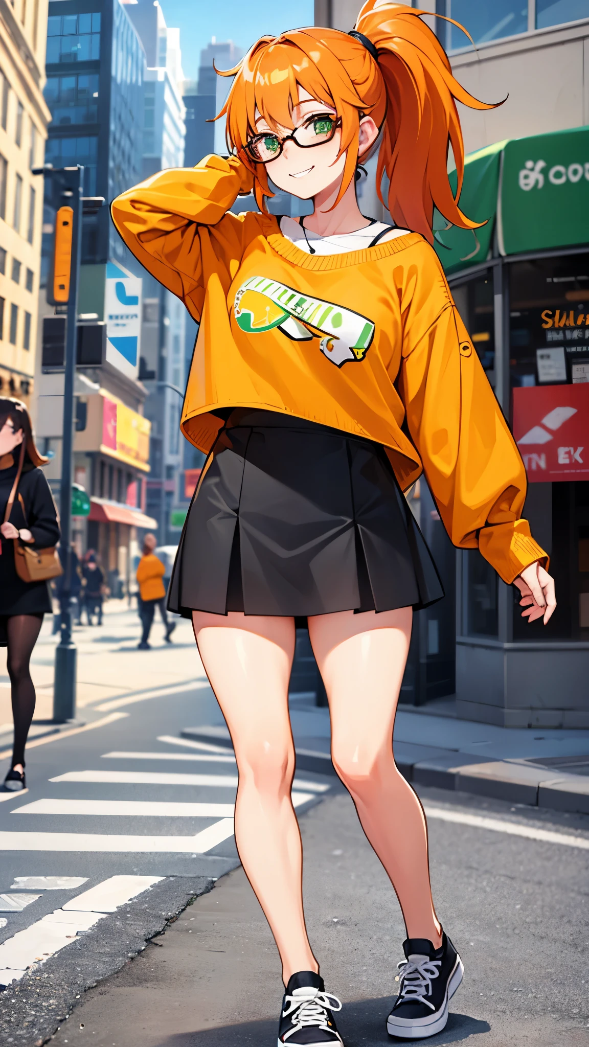 Girl, ponytail hair, orange hair, green eyes, cute girl, glasses, smile, grey sweater, mini skirt, Vans shoes, city