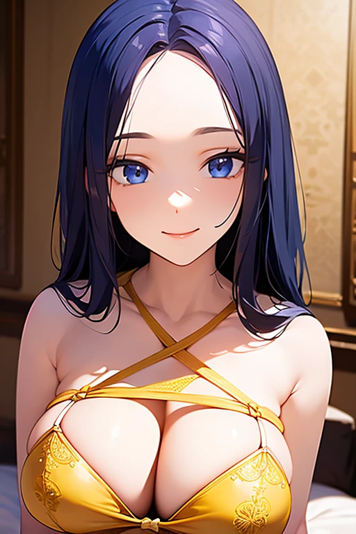 (((forehead))), (masterpiece, best quality), intricate details, 8k, artstation, wallpaper, official art, splash art, sharp focus, 1girl,barefaced,((yellow lingerie)), black hair, blue eyes, smile, , large , , , big bust, beautiful body, hotel bedroom