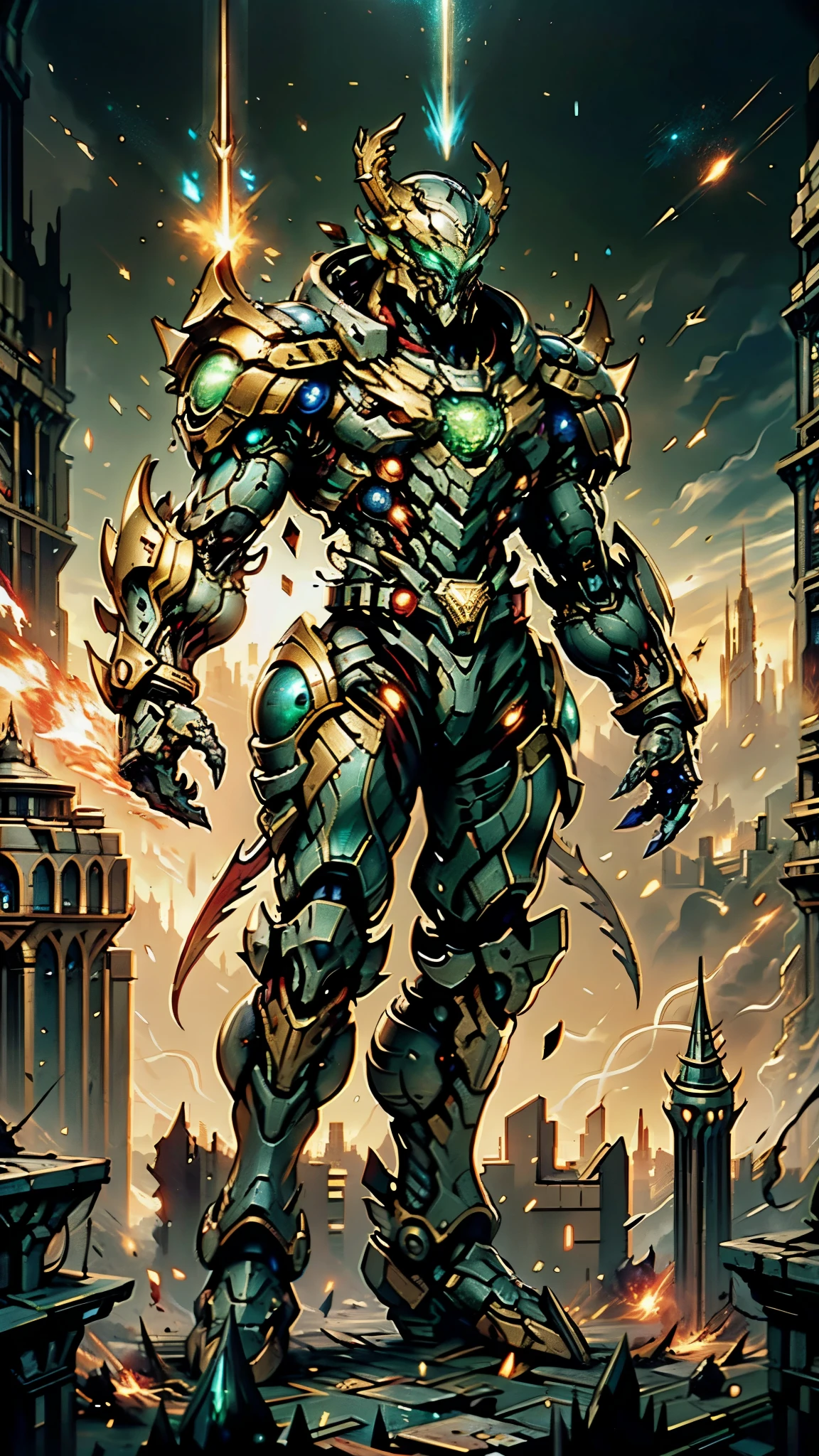 A man wearing a full-face helmet, a fantasy-style biotech armored combat suit, green eyes, (a composite layered chest armor), fully enclosed shoulder guards, matching arm and leg guards, the belt is adorned with dragon claw grasping orbs, (primarily black with red accents), the design balances heavy with agility, a high-tech bio-mecha armor, (lion concept Armor, stand on the top of a skyscraper in a futuristic sci-fi city), this character embodies a finely crafted fantasy-surreal style armored hero in anime style, exquisite and mature manga art style, (element, plasma, energy, the armor glows), ((male:1.5)), metallic, real texture material, dramatic, high definition, best quality, highres, ultra-detailed, ultra-fine painting, extremely delicate, professional, perfect body proportions, golden ratio, anatomically correct, symmetrical face, extremely detailed eyes and face, high quality eyes, creativity, RAW photo, UHD, 32k, Natural light, cinematic lighting, masterpiece-anatomy-perfect, masterpiece:1.5