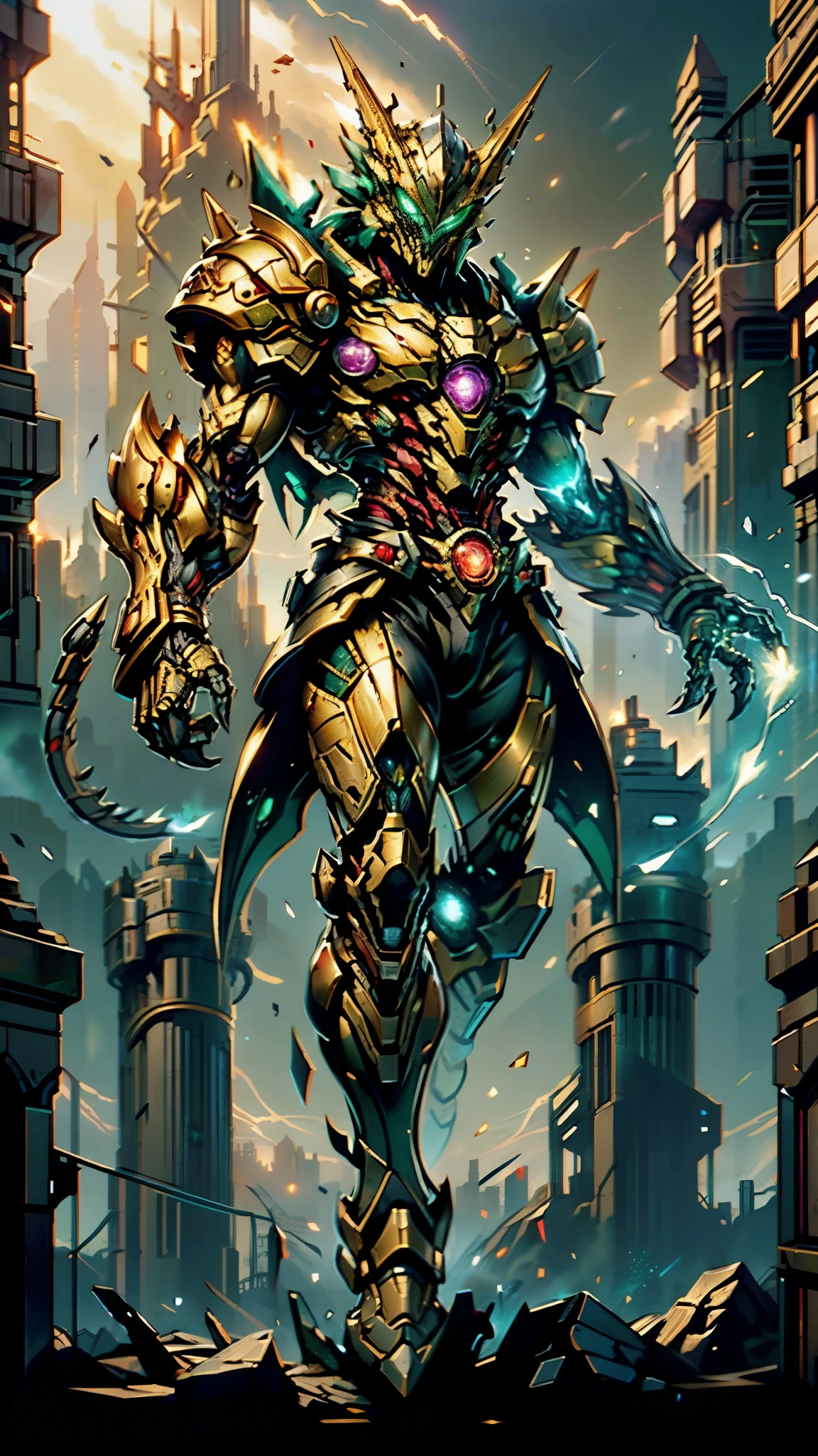 A man wearing a full-face helmet, a fantasy-style biotech armored combat suit, green eyes, (a composite layered chest armor), fully enclosed shoulder guards, matching arm and leg guards, the belt is adorned with dragon claw grasping orbs, (primarily black with red accents), the design balances heavy with agility, a high-tech bio-mecha armor, (lion concept Armor, stand on the top of a skyscraper in a futuristic sci-fi city), this character embodies a finely crafted fantasy-surreal style armored hero in anime style, exquisite and mature manga art style, (element, plasma, energy, the armor glows), ((male:1.5)), metallic, real texture material, dramatic, high definition, best quality, highres, ultra-detailed, ultra-fine painting, extremely delicate, professional, perfect body proportions, golden ratio, anatomically correct, symmetrical face, extremely detailed eyes and face, high quality eyes, creativity, RAW photo, UHD, 32k, Natural light, cinematic lighting, masterpiece-anatomy-perfect, masterpiece:1.5