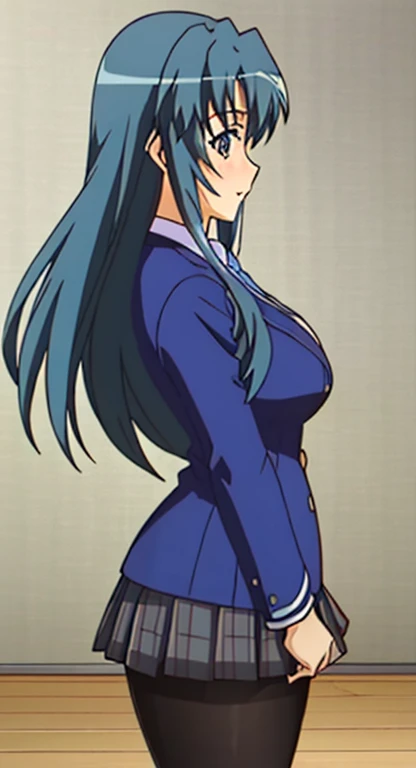 masterpiece, lots of details, 4k, (Super detailed), High resolution, cinematic lighting, atmosphere lighting, official artwork, cowboy shot, outdoor, School, Sayuri, 1 girl, alone, female focus, long hair, blue hair, side lock, floating hair, purple eyes, looking at the viewer, blush, smile, , tie, Jacket, blazer, skirt, pantyhose,wariza, wooden floor, indoors, big breasts, miniskirt, plaid skirt