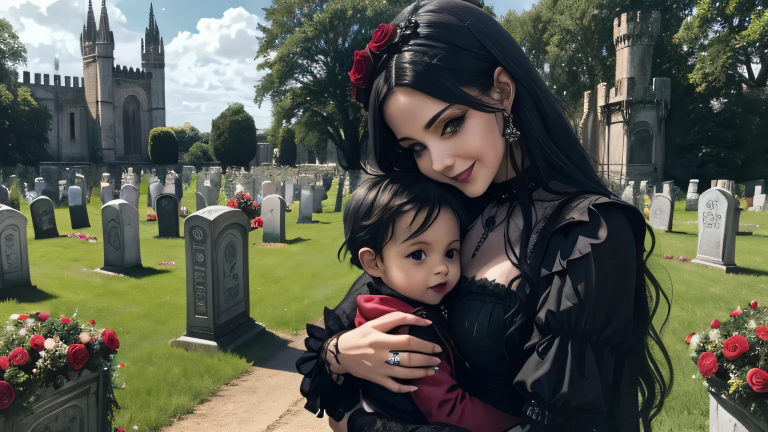 A happy gothic woman with her little son in her arms , love image to celebrate your day , con rosas negras , rocker outfit very gothic aesthetic , en fondo de cementerio o castillo gotico. colores rojos