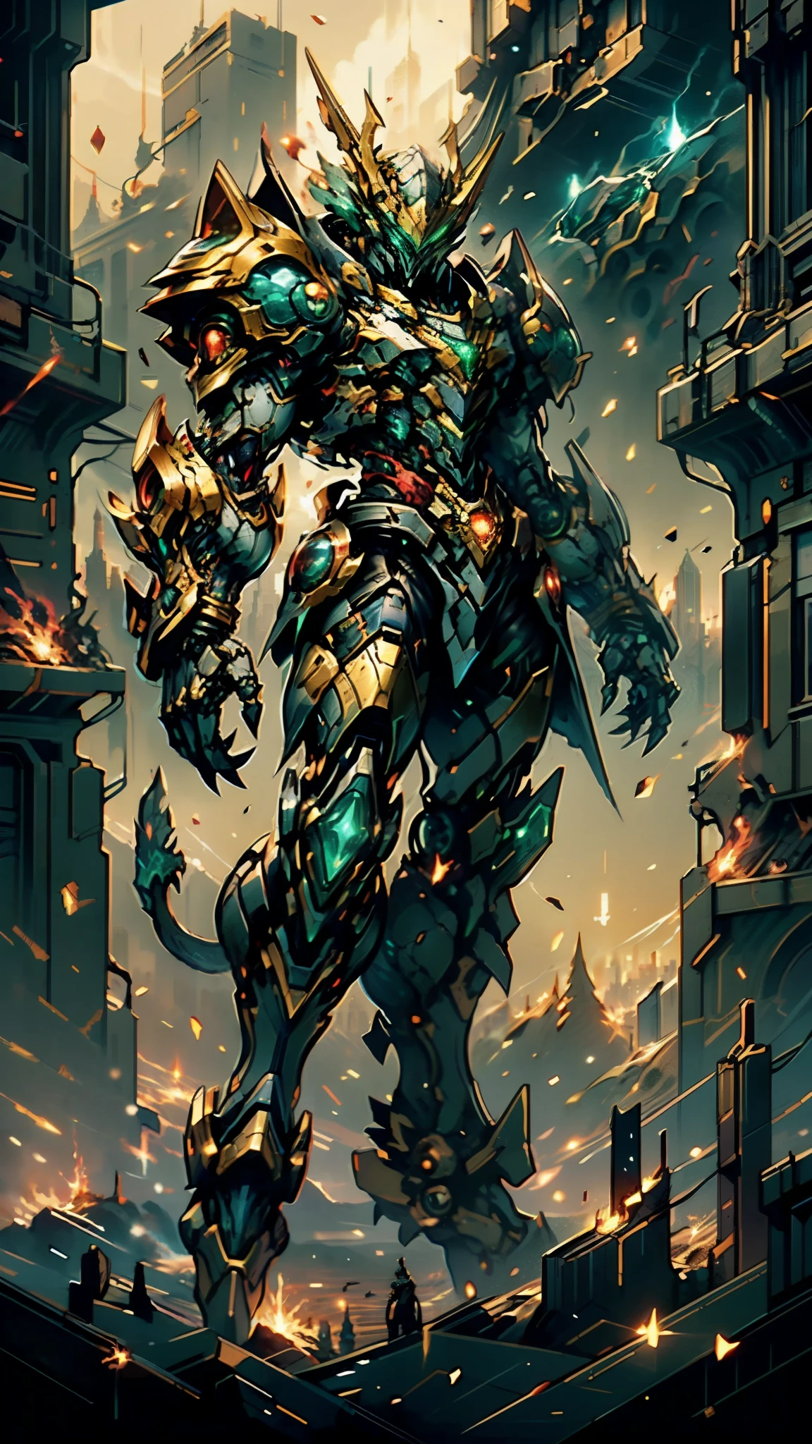 A man wearing a full-face helmet, a fantasy-style biotech armored combat suit, green eyes, (a composite layered chest armor), fully enclosed shoulder guards, matching arm and leg guards, the belt is adorned with dragon claw grasping orbs, (primarily black with red accents), the design balances heavy with agility, a high-tech bio-mecha armor, (lion concept Armor, stand on the top of a skyscraper in a futuristic sci-fi city), this character embodies a finely crafted fantasy-surreal style armored hero in anime style, exquisite and mature manga art style, (element, plasma, energy, the armor glows), ((male:1.5)), metallic, real texture material, dramatic, high definition, best quality, highres, ultra-detailed, ultra-fine painting, extremely delicate, professional, perfect body proportions, golden ratio, anatomically correct, symmetrical face, extremely detailed eyes and face, high quality eyes, creativity, RAW photo, UHD, 32k, Natural light, cinematic lighting, masterpiece-anatomy-perfect, masterpiece:1.5