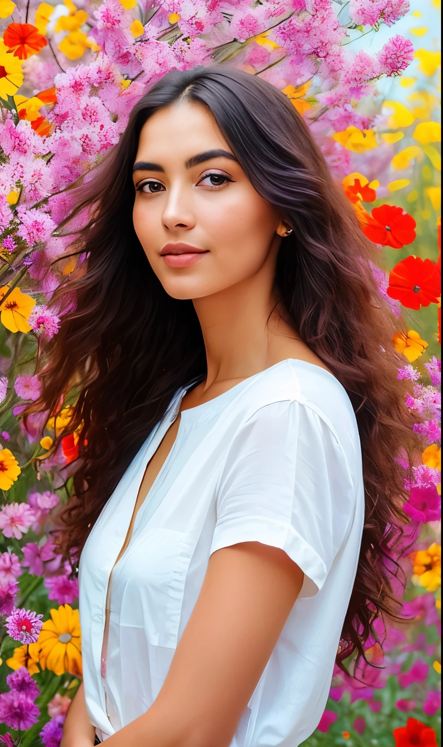 Beautiful woman,Surrounded by flowers,colorful,oil,Focus on the face