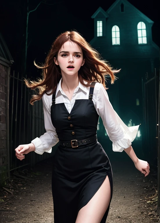 Emma Watson, being chased by a ghost, scared face, perfect Big Breasts, long straight hair down to her feet, reddish hair, sexy Red Slit dress, torn clothes, visible thighs, creepy haunted house background (photo, lighting low, low light, sony a7, 50mm, white skin, pores, color, hyperdetail, hyperrealistic) dark horror