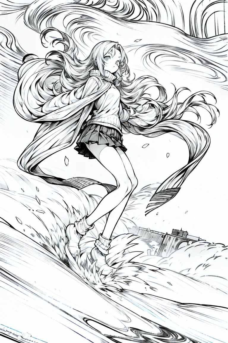 rustic,Heavy snow,Snow,a girl,Golden shawl long hair,Pure:1.5,slim,,Wearing a white turtleneck sweater,jacket,Black pleated skirt,Bare legs,White socks,Very thin,The legs are very thin,Thin legs,whole body