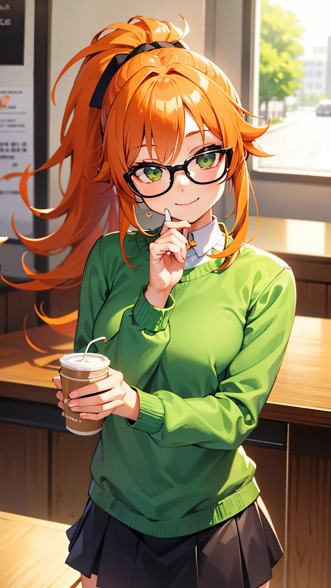 Girl, ponytail hair, orange hair, green eyes, cute girl, glasses, smile, grey sweater, mini skirt, cafe