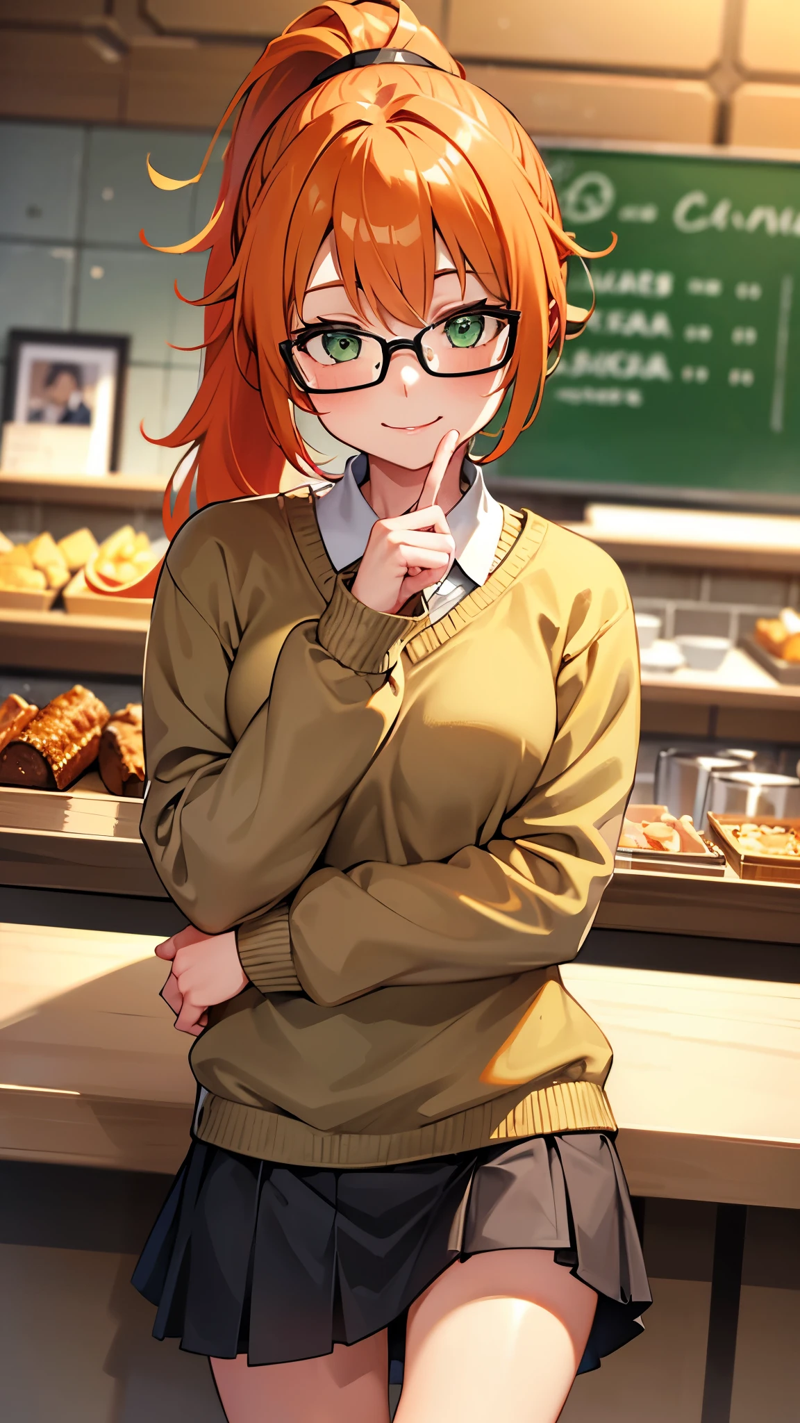 Girl, ponytail hair, orange hair, green eyes, cute girl, glasses, smile, grey sweater, mini skirt, cafe