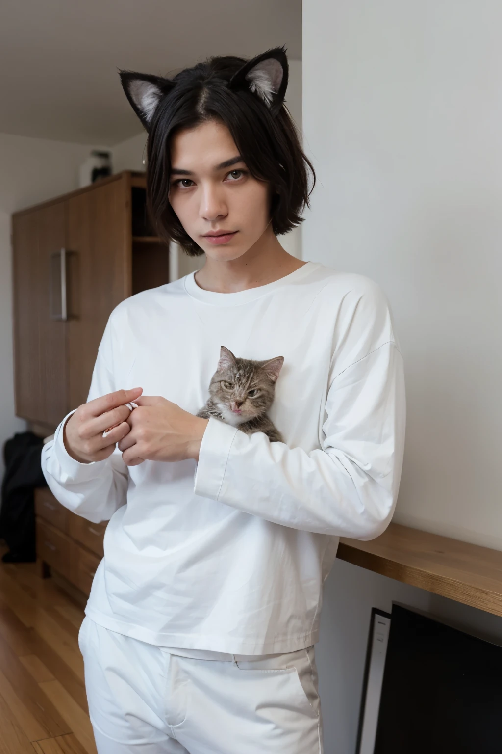 Male with short black hair, red eyes, cat ears, a mole under his left eye, wearing a white long-sleeved shirt and black pants.