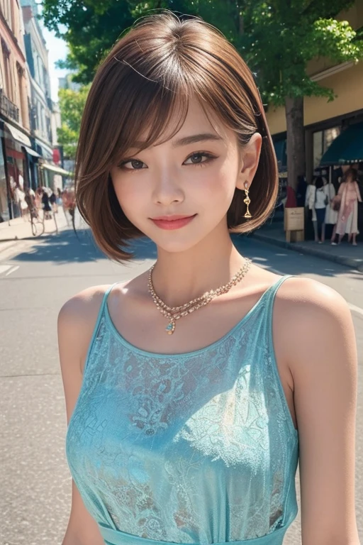 highest quality, Very detailed, masterpiece, 1 person,woman,(((完璧なwomanの体))),Very beautiful face, Very beautiful body,Gentle expression, Very beautiful eyes,(Perfect Makeup:1.1),Fashion Model,Short Bob Hair,Shaggy Hair,Hair Bun,Chestnut Hair:1.3, Very thin body,Smart Abs,Lace Camisole Long Dress,necklace,anklet,Elegant pumps,A kind smile,Upper body portrait,(Shopping street background:1.3), (Shiny skin),(Earrings),
