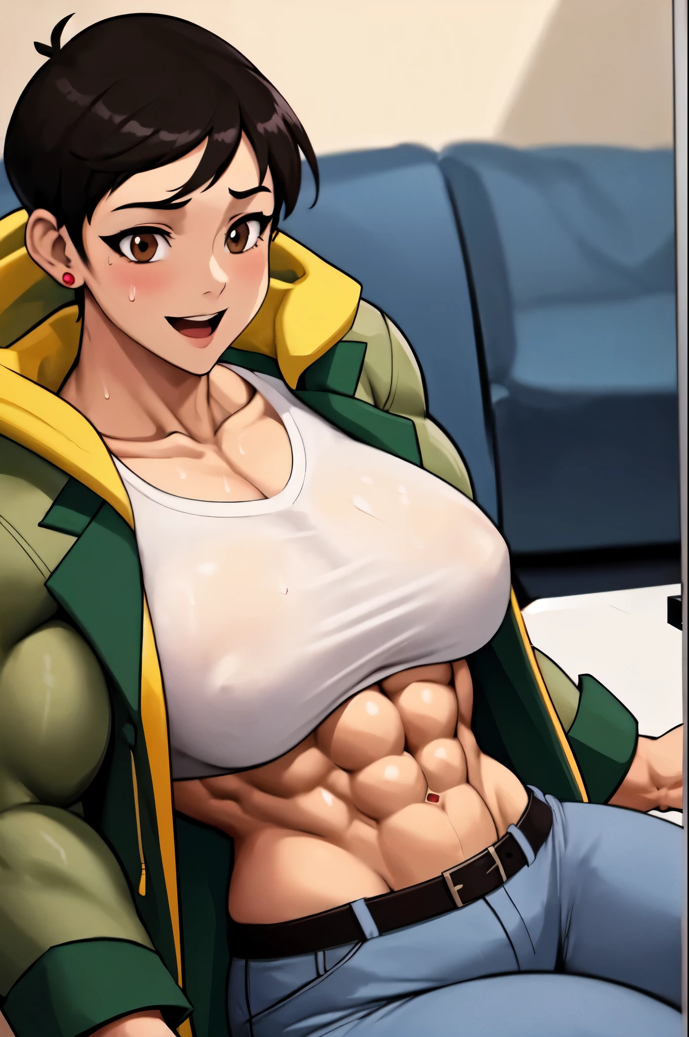 (masterpiece, best quality:1.2), lois lane (my adventures with superman), solo, 1girl, black hair, brown eyes, earrings, belt, shirt, short hair, jewelry, smile, hood, white shirt, pants, stud earrings, tomboy, coat, black pants, brown belt, striped, collarbone, green coat, breasts, large breasts, striped shirt, piercing, couch, looking at viewer, lying, open mouth, smile, on couch, on side, indoors, living room,(big muscular female bodybuilder),(oil painting,high-res),(sweating,flexing muscles,six-pack abs),(best quality,professional,vivid colors),(strong, powerful),(studio lighting,dramatic shadows),(realistic).