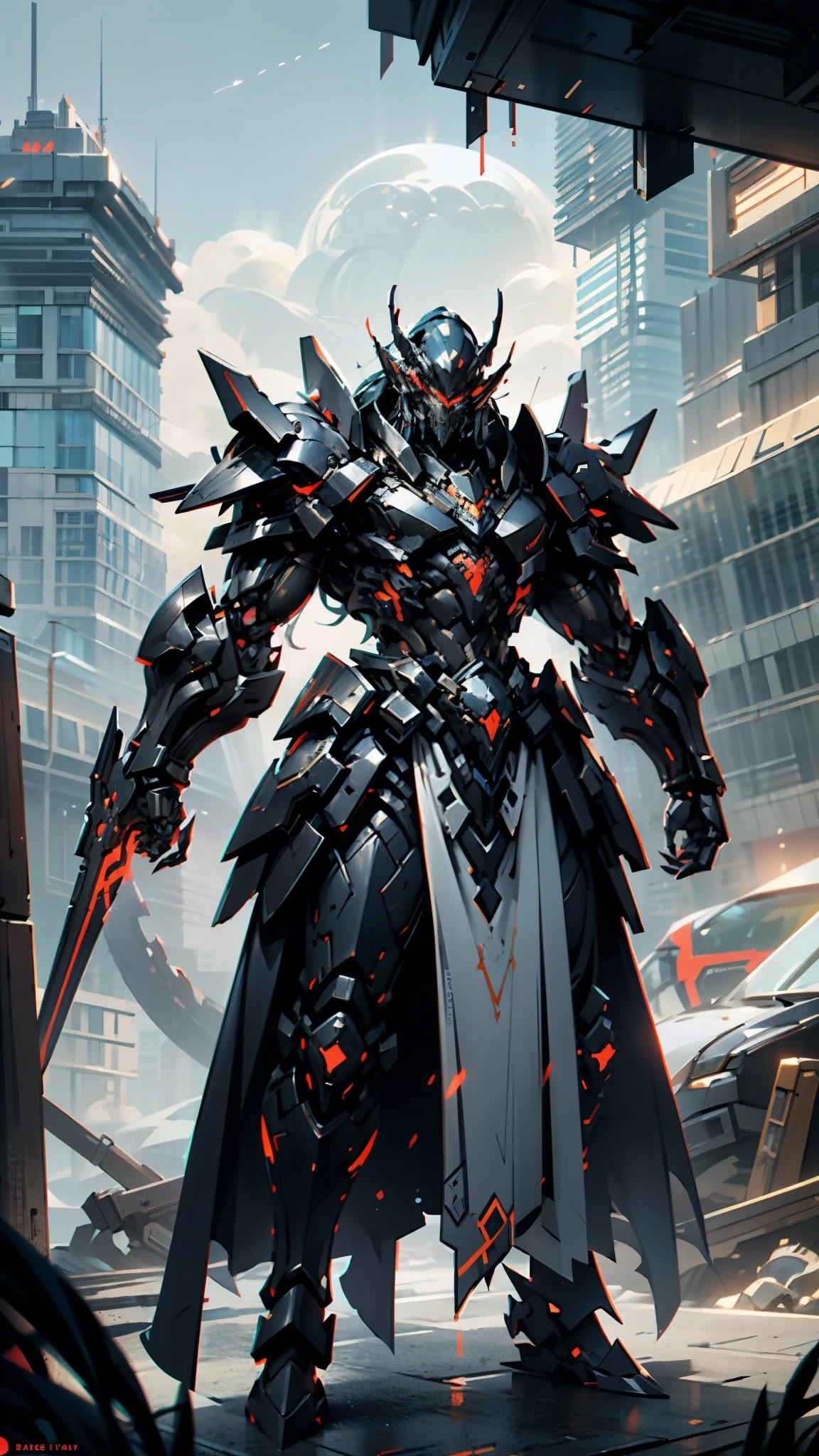 A man wearing a full-face helmet, a fantasy-style biotech armored combat suit, green eyes, (a composite layered chest armor), fully enclosed shoulder guards, matching arm and leg guards, the belt is adorned with dragon claw grasping orbs, (primarily black with red accents), the design balances heavy with agility, a high-tech bio-mecha armor, (lion concept Armor, stand on the top of a skyscraper in a futuristic sci-fi city), this character embodies a finely crafted fantasy-surreal style armored hero in anime style, exquisite and mature manga art style, (element, plasma, energy, the armor glows), ((male:1.5)), metallic, real texture material, dramatic, high definition, best quality, highres, ultra-detailed, ultra-fine painting, extremely delicate, professional, perfect body proportions, golden ratio, anatomically correct, symmetrical face, extremely detailed eyes and face, high quality eyes, creativity, RAW photo, UHD, 32k, Natural light, cinematic lighting, masterpiece-anatomy-perfect, masterpiece:1.5