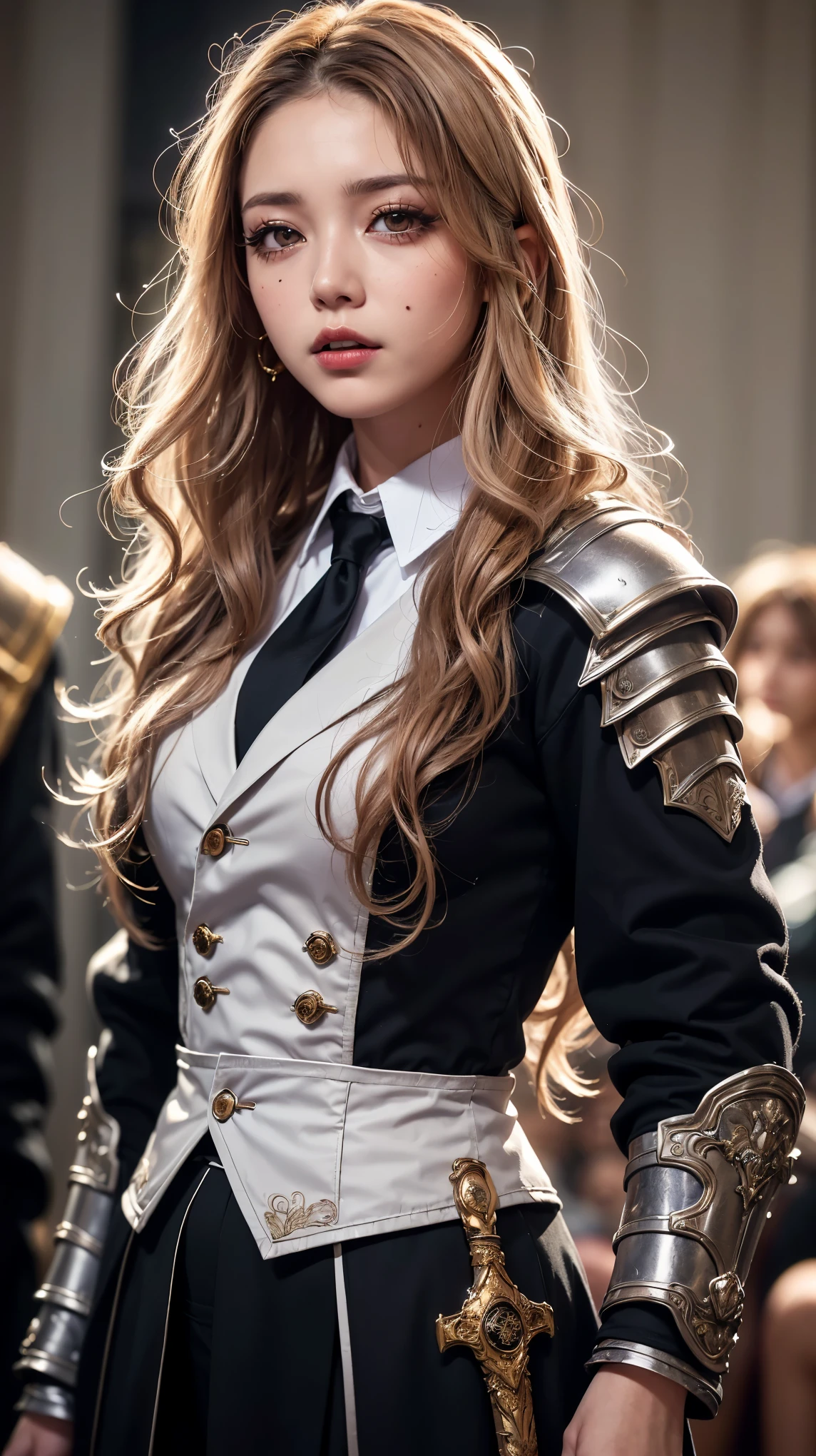 Realistic, masterpiece, highest quality, Highest Resolution, (1girl:1.3), high school girl, 16 years old, Upper body photo, Looks sleepy, Spaced out, Open your mouth, Beautiful and detailed eye drawing, (Droopy eyes:1.3), Dark Eyes, Thin eyebrows, Draw eyelashes carefully, Eyelash extensions, Gal Makeup, Orange Cheek, (White brown wavy hair, Long Hair, middle part:1.3), (Hidden eyelid wrinkles:1.3), (Gothic uniform, blazer, Add a little armor feel:1.3),(Like a magic swordsman:1.4), (The subject was photographed from above at an angle:1.3), (Flower Field:1.3), (Face close-up, Stand up and try to impress the audience:1.5)