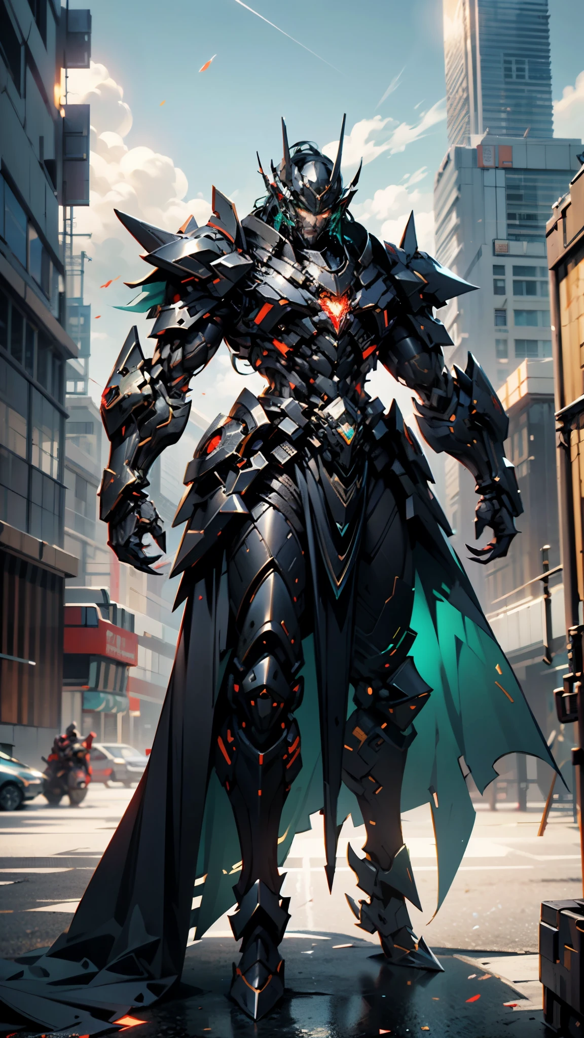 A man wearing a full-face helmet, a fantasy-style biotech armored combat suit, green eyes, (a composite layered chest armor), fully enclosed shoulder guards, matching arm and leg guards, the belt is adorned with dragon claw grasping orbs, (primarily black with red accents), the design balances heavy with agility, a high-tech bio-mecha armor, (lion concept Armor, stand on the top of a skyscraper in a futuristic sci-fi city), this character embodies a finely crafted fantasy-surreal style armored hero in anime style, exquisite and mature manga art style, (element, plasma, energy, the armor glows), ((male:1.5)), metallic, real texture material, dramatic, high definition, best quality, highres, ultra-detailed, ultra-fine painting, extremely delicate, professional, perfect body proportions, golden ratio, anatomically correct, symmetrical face, extremely detailed eyes and face, high quality eyes, creativity, RAW photo, UHD, 32k, Natural light, cinematic lighting, masterpiece-anatomy-perfect, masterpiece:1.5