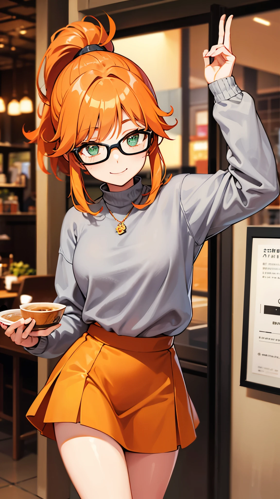 Girl, ponytail hair, orange hair, green eyes, cute girl, glasses, smile, grey sweater, mini skirt, cafe