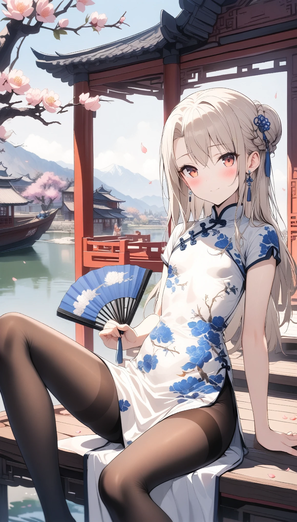 1girl,(illyasviel von einzbern),red_eyes,cream hair,(french braid),smile,blush,flower,beautiful detailed_background,small breasts,butterfly,((blue and white porcelain gorgeous qipao,china dress,chinese clothes,dress),shawl,gold trim,floral print,folding fan,jewelry,earrings,explicit,flower,general, hair_ornament,peach blossom,long_hair,looking_at_viewer,pantyhose,paper fan,print dress,solo,thighband pantyhose,questionable,sensitive,solo,tassel,tassel_earrings,(spring),Chinese style architecture, Chinese style, lake, ancient town, beautiful and meticulous water, (Fishing boat), pavilion,steam,Surrounding by falling peach blossoms petals,