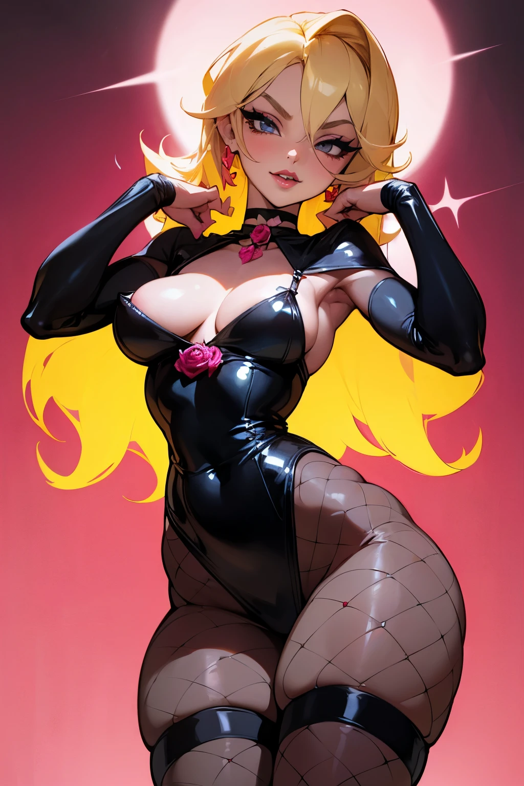 (Blonde busty milf )whose breast are muffin topping out thight goth rose dress, wearing a tight choker and jewelry, her eyeliner is jet black her lipstick is a vibrant ruby red, she has a shapely body and sexy strong squishy thighs, her feet are small and delicate, toned sexy body, wearing sheer fishnet stockings, small waist and tapered hips