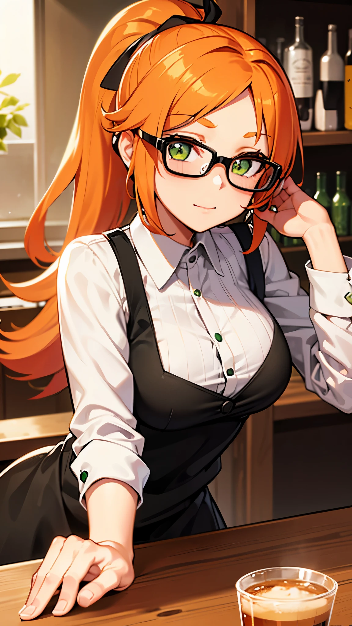 Girl, ponytail hair, orange hair, green eyes, cute girl, glasses, bartender, cafe