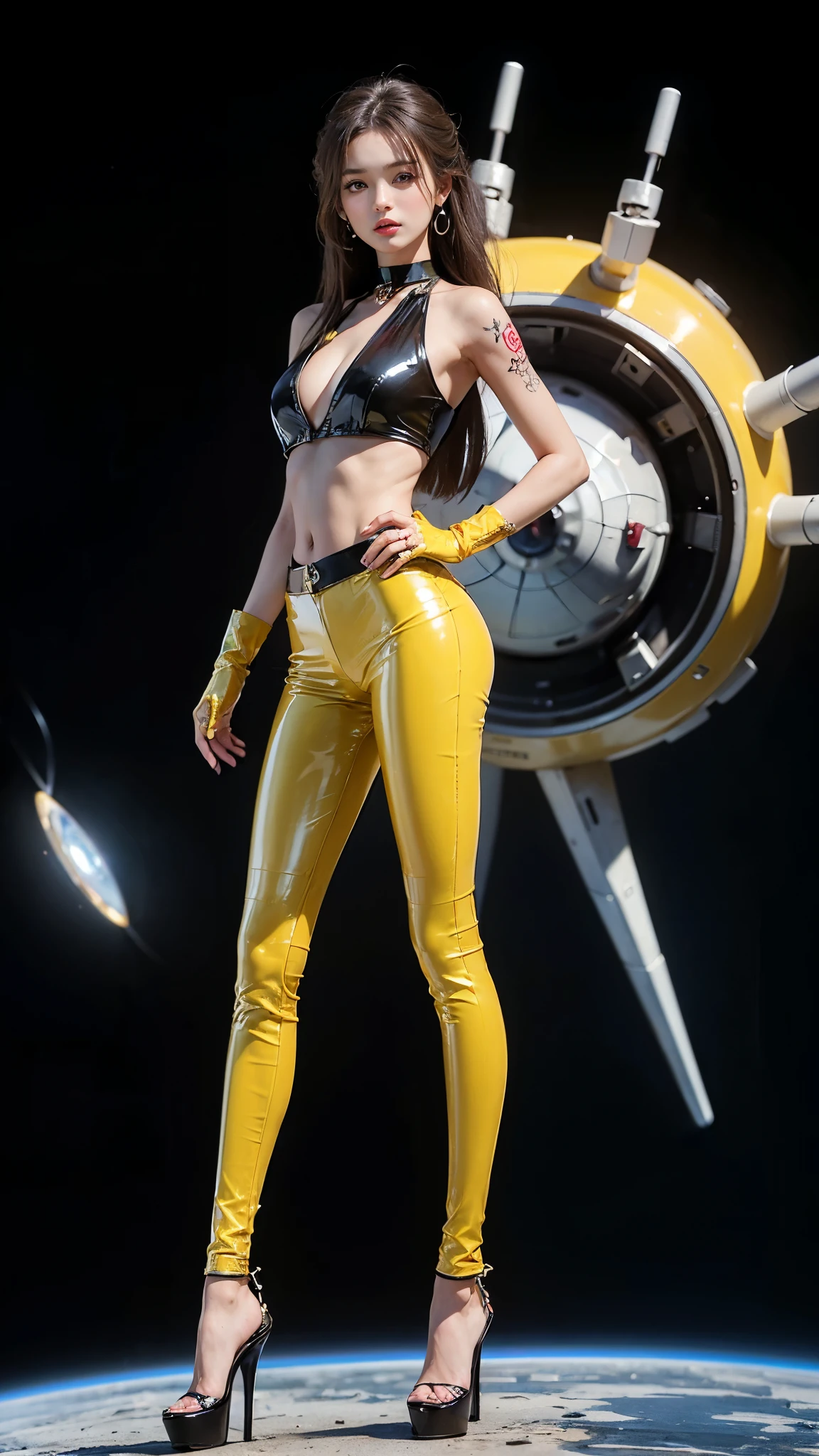 ((masterpiece:1.4)、(highest quality:1.4)、(Realistic:1.7))、Masterpiece:1.4、(Top-notch rendering:1.4)、(Kaoru, the beautiful navigator of the Space Battleship Fuji:1.4)、Super Beauty航海士Kaoru、(By Luis Royo:1.4)、(A uniform that accentuates your beautiful figure:1.2)、(Futuristic sci-fi battle fashion:1.2)、(Street Style Wear)、(Tight Fit Pants)、(Shiny luxury latex:1.4)、(Luxury yellow latex:1.4)、19 years old、(Cute Tattoos:1.4)、(Wearing yellow gloves)、Cute Girl、Super Beauty、(Seductive pose)、Sharp Focus、Portrait Photography:1.4、8k、Photorealistic images:1.4、(Perfect female body:1.4)、Perfect proportions、(Standing:1.4)、(Upper body shot:1.4)、Beautiful Face、Fearless look、Beautiful Eyes、(A girl with a beautiful body and slender abdominal muscles)、(Narrow waist:1.4)、(9-body proportions beautiful girl:1.4)、(A beautiful girl with long legs and a good figure:1.4)、Beautiful feet:1.4、(Long Hair:1.2)、Heavy makeup、Eyeshadow、Glow Eye、Glow Lip、Beautiful breasts、Large Breasts:1.2、sexy ass、(Standing facing forward:1.4)、Raw photo、Red lips、Yellow high heels:1.4、choker:1.4、necklace:1.4、Earrings:1.4、1 Screen Display:1.4、Space Battleship Fuji's bridge:1.2