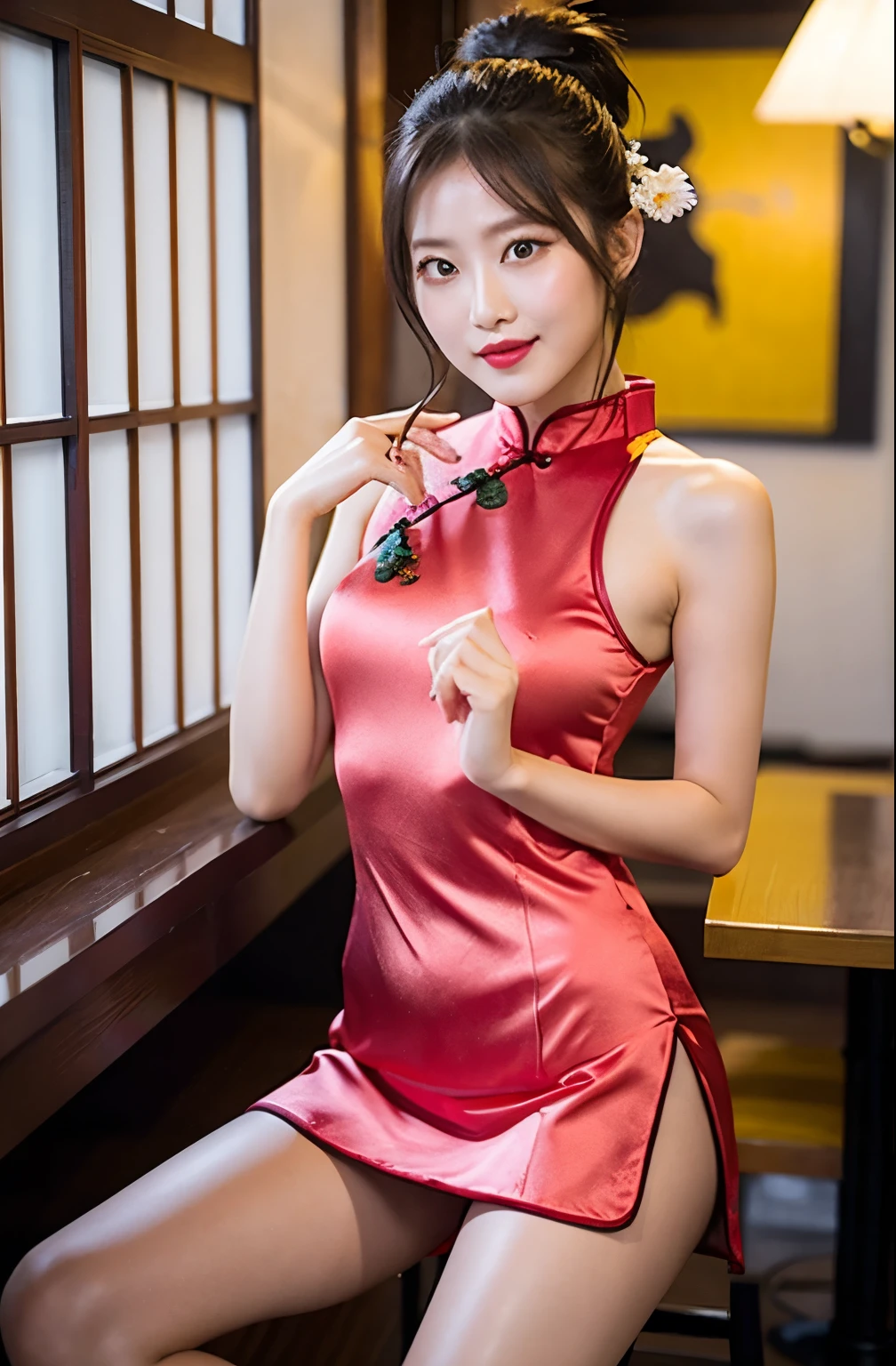 (highest quality、8k、masterpiece、Hmph:1.2)、19-year-old slender beauty，Flashy makeup using red eyeshadow，Open your mouth wide、Yōho、double eyelid，Delicate medium cut ponytail，squat、Spread your legs，　Showing white panties,Her white panties are clearly visible、Sexy Chinese dress and silk mini skirt，The best smile，She is wearing a sexy short colorful cheongsam。。，Cheongsam with deep slit，Draw hands correctly，The background is the bright interior of a Chinese restaurant...，