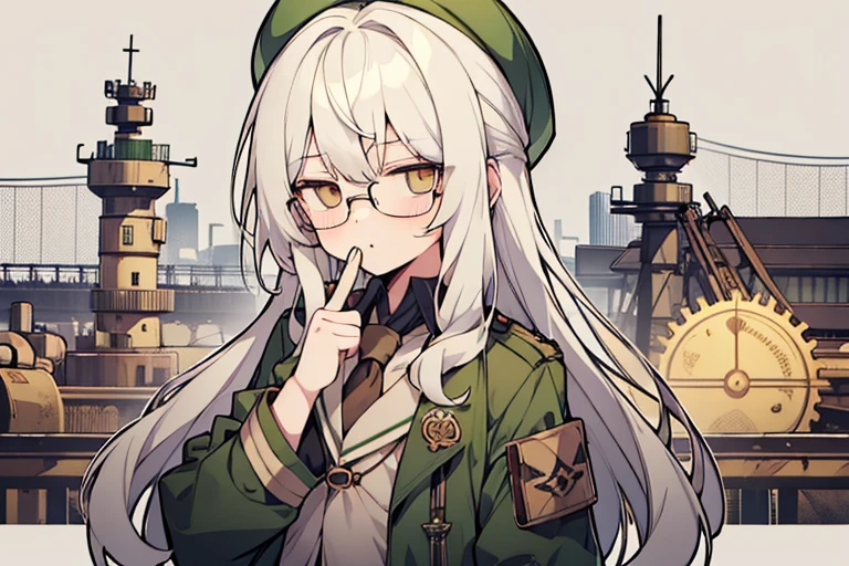 long ahoge,shirt,White hair,Brown eyes,circle-glasses,Brown tie,brown skirt,dark green beret,Dark green jacket,girl with,steampunkai,sleepeace,retro city background,jitome,hand to own mouth