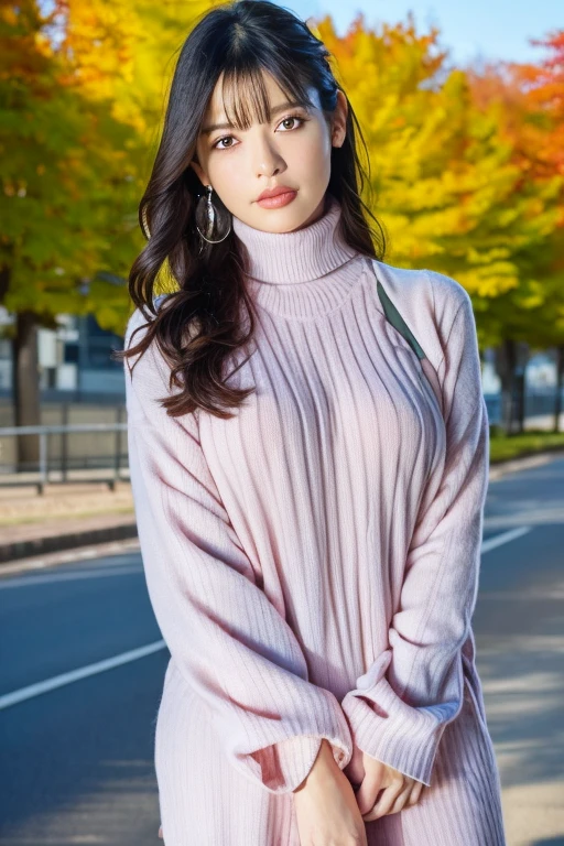 1 garota,(Wearing a turtleneck sweater:1.2),(foto crua, melhor qualidade), (realista, photo-realista:1.4), obra de arte, extremamente delicado e lindo, extremamente detalhado, Papel de parede 2k, Incredible, detalhes finos, extremamente detalhado CG unity 8k wallpaper, ultra-detalhado, high resolution, luz suave, linda garota detalhada, extremamente detalhado eyes and face, lindo nariz detalhado, lindos olhos detalhados,cinematic lighting,autumn scenery,maple trees in the background,Bokeh,anatomia perfeita,Corpo esguio,