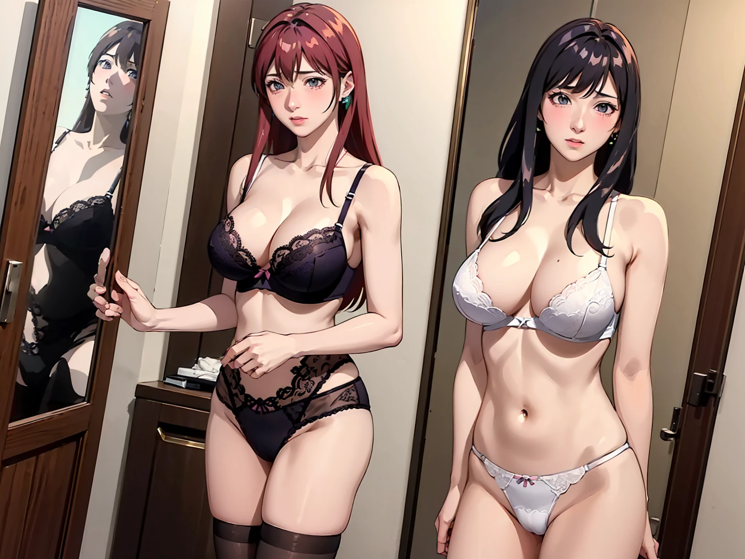 (best quality, ultra-detailed, anime picture, game cg, art cg, photorealistic, movie lighting, perfect shadow, realistic lighting shaded, unity 8k wallpaper), (solo), (Hiroko Takashiro), red long hair, large breasts, mature female, perfect face, (purple elaborately designed luxury panties for adults, panties high definition images, draw panties with super precision), lace trimmed bra, extremely detailed texture, earrings, thighhighs, highheels, embarrassed, nose blush, sexy pose, ((underwear in dressing room)), cowboy shot, (presenting panties)