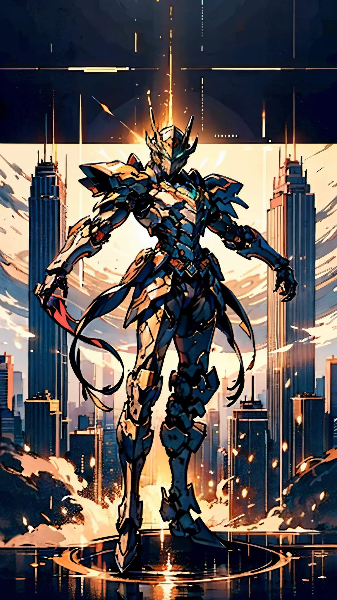 A man wearing a full-face helmet, a fantasy-style biotech armored combat suit, green eyes, (a composite layered chest armor), fully enclosed shoulder guards, matching arm and leg guards, the belt is adorned with dragon claw grasping orbs, (primarily black with red accents), the design balances heavy with agility, a high-tech bio-mecha armor, (lion concept Armor, stand on the top of a skyscraper in a futuristic sci-fi city), this character embodies a finely crafted fantasy-surreal style armored hero in anime style, exquisite and mature manga art style, (element, plasma, energy, the armor glows), ((male:1.5)), metallic, real texture material, dramatic, high definition, best quality, highres, ultra-detailed, ultra-fine painting, extremely delicate, professional, perfect body proportions, golden ratio, anatomically correct, symmetrical face, extremely detailed eyes and face, high quality eyes, creativity, RAW photo, UHD, 32k, Natural light, cinematic lighting, masterpiece-anatomy-perfect, masterpiece:1.5
