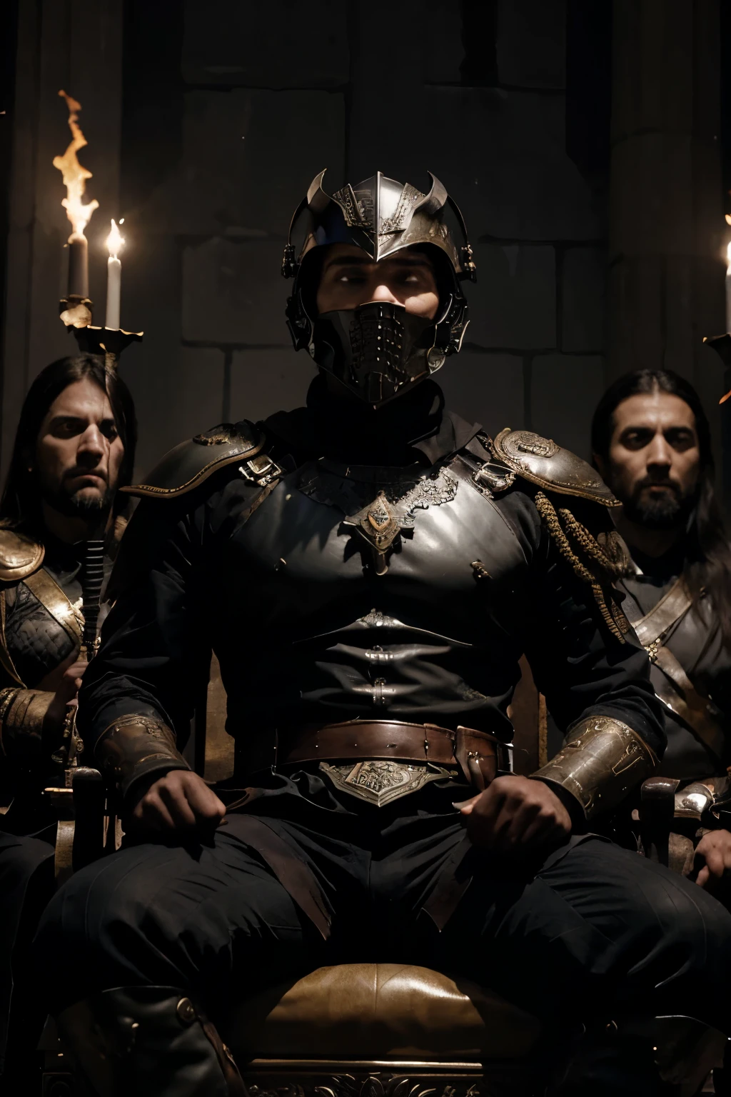 Description: Picture a scene where a man, seated on a majestic throne drenched in blood, commands the attention of a gathering of ancient king's ministers. He holds a gleaming sword, its blade piercing the neck of a fallen soldier at his feet. Surrounding him are soldiers clad in black armor, brandishing swords, ready for battle. The atmosphere is tense, charged with the anticipation of conflict and power.
Enhancements:
Throne: Envision the throne adorned with intricate carvings and symbols of authority, stained with blood to symbolize the man's ruthless quest for vengeance.
Man: The man exudes a commanding presence, his gaze steely and determined, embodying a mix of authority and vengeance. His attire should reflect a blend of ancient and modern elements, symbolizing a timeless pursuit of justice.
Soldiers: The soldiers in black armor stand stoically, their expressions masked by helmets, adding an air of mystery and intimidation to the scene. Each soldier should have a unique insignia or emblem on their armor, signifying their allegiance.
Background: Set the scene against a backdrop of swirling black and purple hues, creating a dramatic contrast that enhances the intensity of the moment. The colors should evoke a sense of foreboding and power, emphasizing the gravity of the impending conflict.
Lighting: Use strategic lighting to highlight the central figure on the throne, casting dramatic shadows that add depth and dimension to the composition. Play with shadows and highlights to create a dynamic interplay of light and darkness.
Details: Incorporate subtle details like ancient artifacts, flickering torches, or mystical symbols in the background to enrich the narrative and add layers of intrigue to the scene.
Key Elements:
Conflict: The image should capture the tension and anticipation of a looming conflict, with the man on the throne at the center of the storm.
Power: Emphasize the man's authority and thirst for vengeance through his posture, expression,