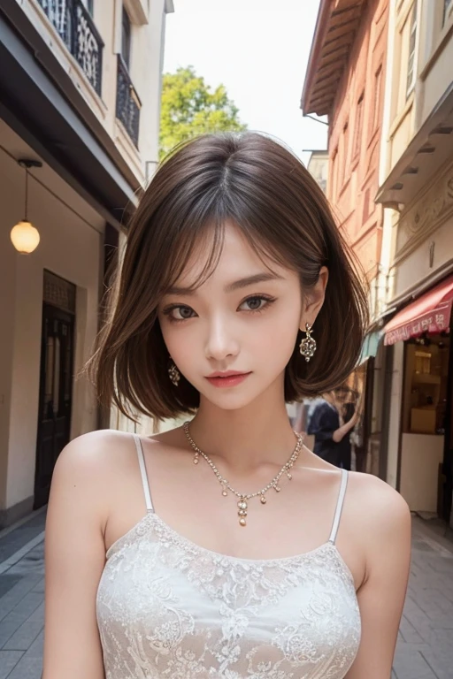 highest quality, Very detailed, masterpiece, 1 person,woman,(((完璧なwomanの体))),Very beautiful face, Very beautiful body,Gentle expression, Very beautiful eyes,(Perfect Makeup:1.1),Fashion Model,Short Bob Hair,Shaggy Hair,Chignon Hair,Chestnut Hair:1.3, Very thin body,Smart Abs,Lace Camisole Long Dress,anklet,Elegant pumps,A kind smile,Upper body portrait,(Shopping street background:1.3), (Shiny skin),(Earrings),necklace,