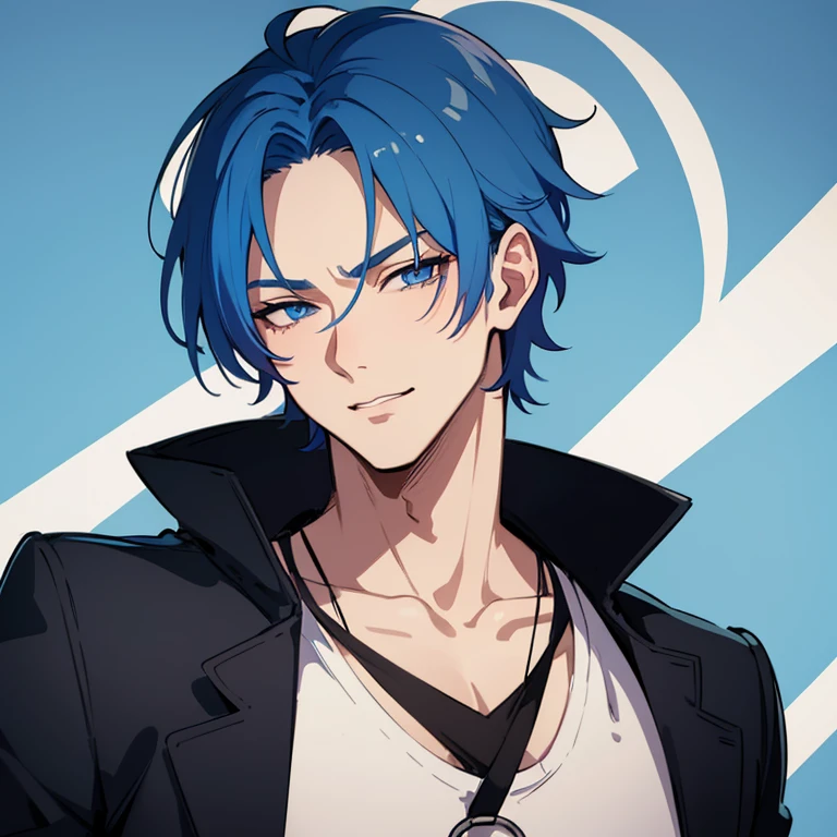 1man, mature, winking, handsome boy, blue hair, blue eyes, messy blue hair, white background, adult, 28 years old, male, man, handsome, 28 years old, adult man