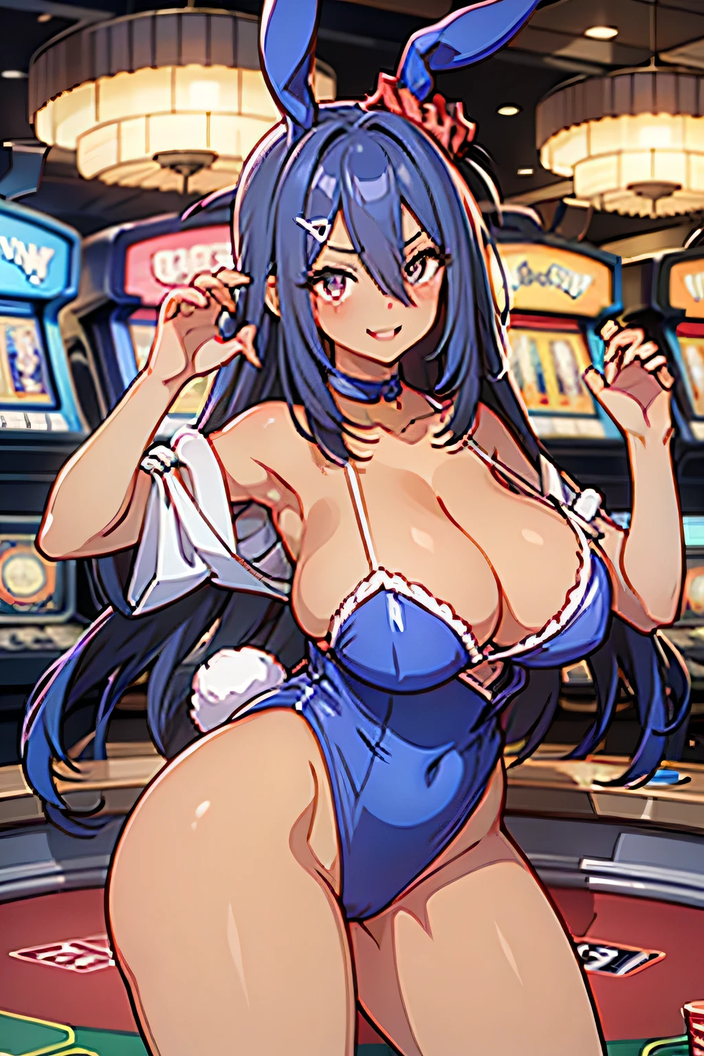 Anime illustration、highest quality、cyber punk、Luxury Casino、Voluptuous gravure idol、Brown skinned bunny girl、Bunny ears、Perfect proportions、Overwhelmingly large breasts、Thick legs、Beautiful, shining eyes、Blushing、smile、Cowboy Shot