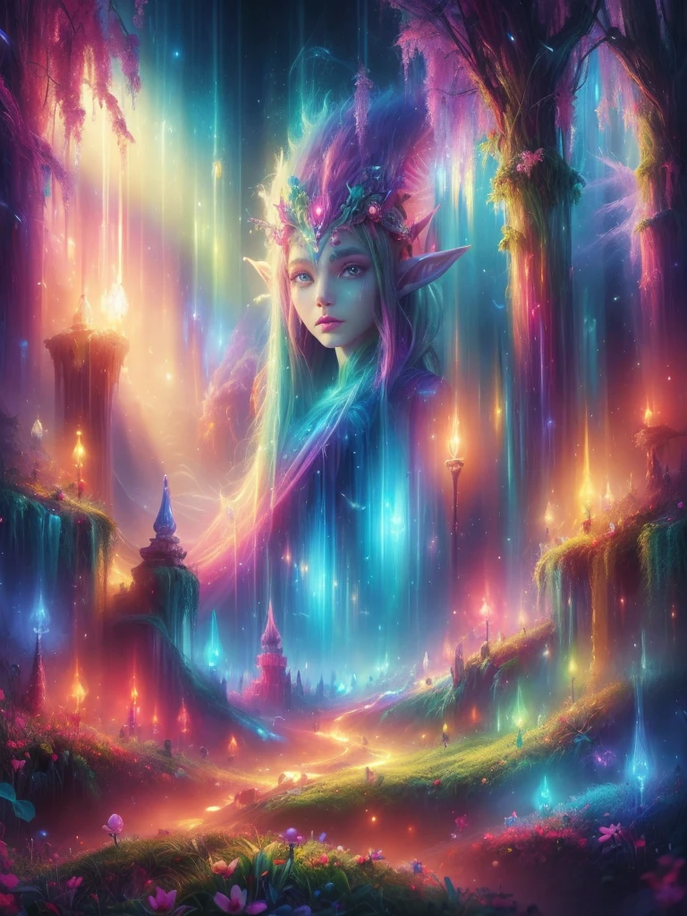 (best quality, 4K, High resolution, masterpiece:1.2), Super detailed, Practical, Radiant lighting, New Era Elves, portrait, Dreamy colors, art, The ethereal existence, Like a dream, Bizarre creatures, Detailed facial features, Glowing eyes, Elf Beauty, Ethereal Light, Mysterious Creatures, harmonious composition, Dazzling colors, Stunning visuals, otherworldly appearance, Fascinating art, 