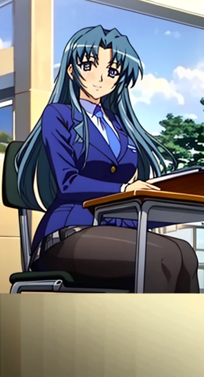 masterpiece, lots of details, 4k, (Super detailed), High resolution, cinematic lighting, atmosphere lighting, official artwork, cowboy shot, outdoor, School, Sayuri, 1 girl, alone, female focus, long hair, blue hair, side lock, floating hair, purple eyes, looking at the viewer, blush, smile, , tie, Jacket, blazer, skirt, pantyhose, sitting, head rest, desk, big breasts, miniskirt, plaid skirt
