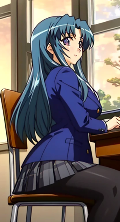 masterpiece, lots of details, 4k, (Super detailed), High resolution, cinematic lighting, atmosphere lighting, official artwork, cowboy shot, outdoor, School, Sayuri, 1 girl, alone, female focus, long hair, blue hair, side lock, floating hair, purple eyes, looking at the viewer, blush, smile, , tie, Jacket, blazer, skirt, pantyhose, sitting, head rest, desk, big breasts, miniskirt, plaid skirt
