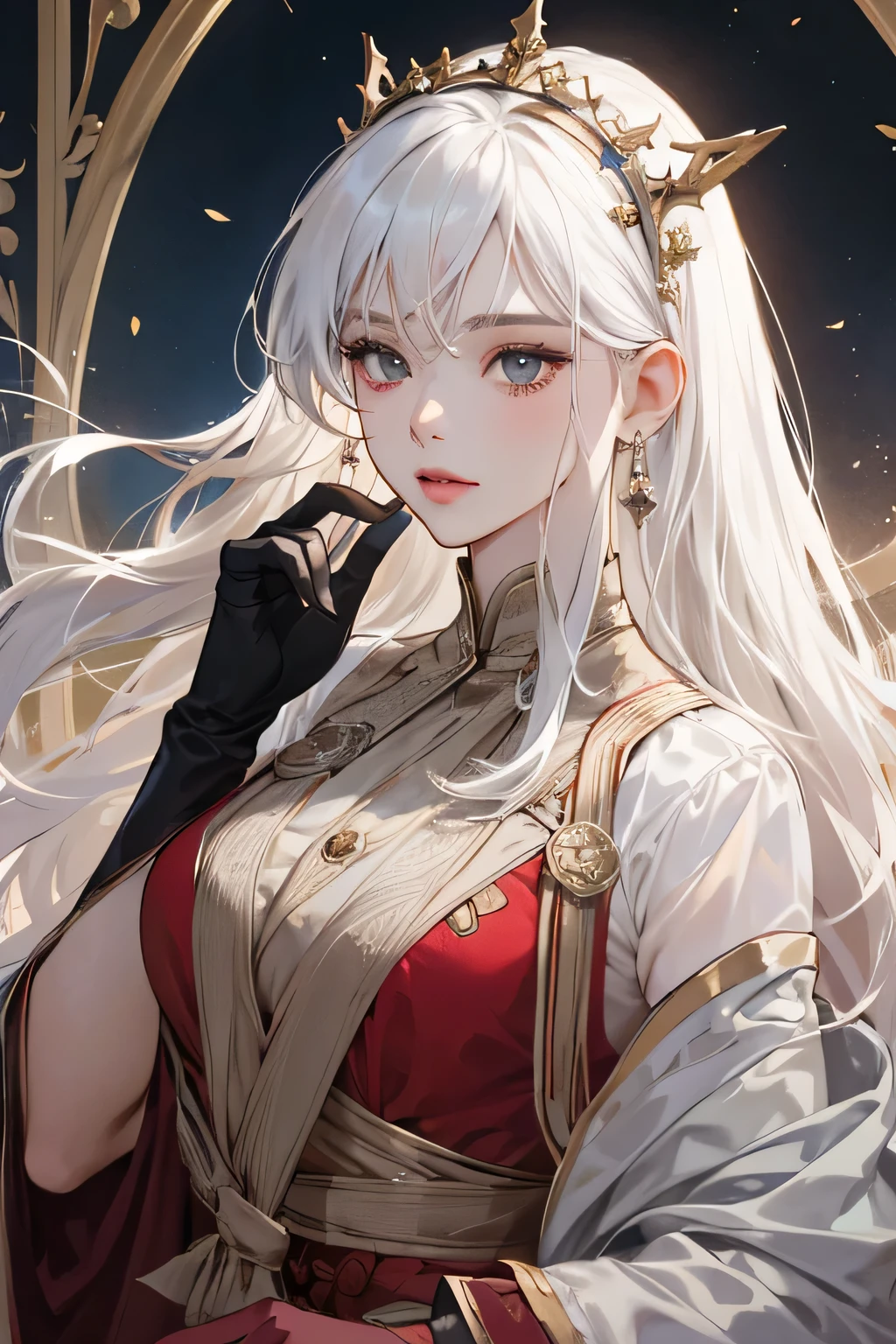 Empress, old women, women, 1 women, beautyfull, power, very tall, big body, perfect body, elegant, kharisma, shine, cool, depicting Equal eyes, (A female god) Look at camera, depicting delicate facial features, red yunani romawi dress, red gloves, gothic style, ribbon, long white hair, extreme detail, delicate depiction, black eyes, royal dress, elegant, noble, royal dress blue, black eyes, black eyes, perfect eyes, jewerlly, white long hair, white long hair, with blue victorian style