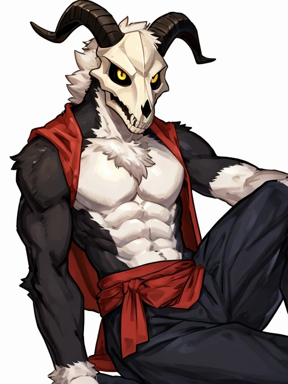 by Buta99, by SpiritD, best quality, masterpiece, perfect anatomy, plain white background, white background, black fur, skull mask, goat skull, yellow eyes, goat, extremely detailed, full body, lean, slim, skinny, thin, weak, muscles, muscular, big chest, adult, mature, masculine, skinny fat, skinnyfat, full body portrait, solo, 1male, masterpiece, posing, pose, dynamic pose, fully black body, black body, fur, fluffy chest, fluffy arms, fluffy torso, chest tuft, hairy chest, sfw, safe for work, goat tail, goat ears, goat horns, brown horns, golden earrings, ring earrings, golden ring earrings, white mask, ears, long ears, curved ears, visible ears, yellow pupils, shirtless, topless, naked, nude, white chest, white belly, fully black body, dynamic expression, fun expression, silly expression, happy expression, tunic, warrior tunic, warrior pants, 