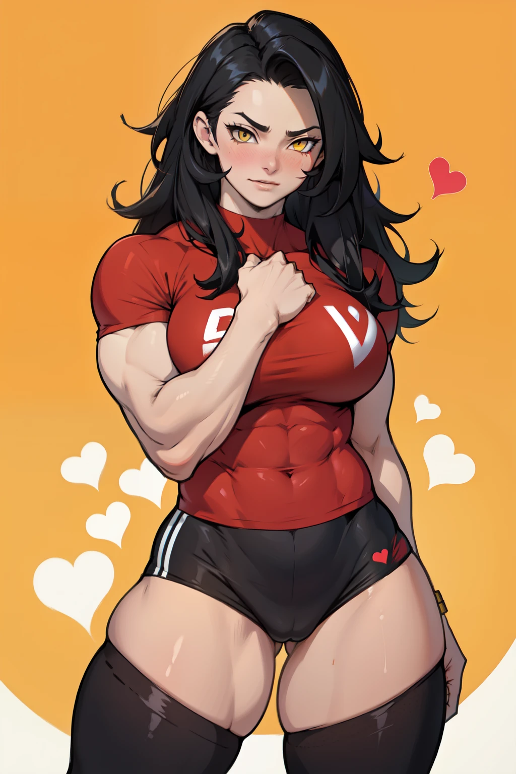 ((1girl)) pale skin large breasts (muscular) toned body thick thighs black hair yellow eyes (long hair) bodybuilder tight red shirt blushing (heart seductive expression) best quality perfect anatomy