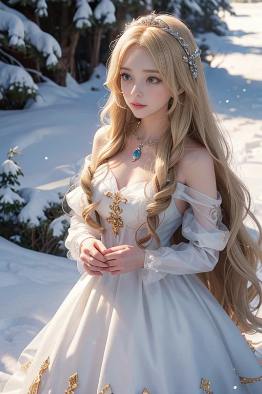 Beautiful woman with long wavy blonde hair and snow white crystal dress