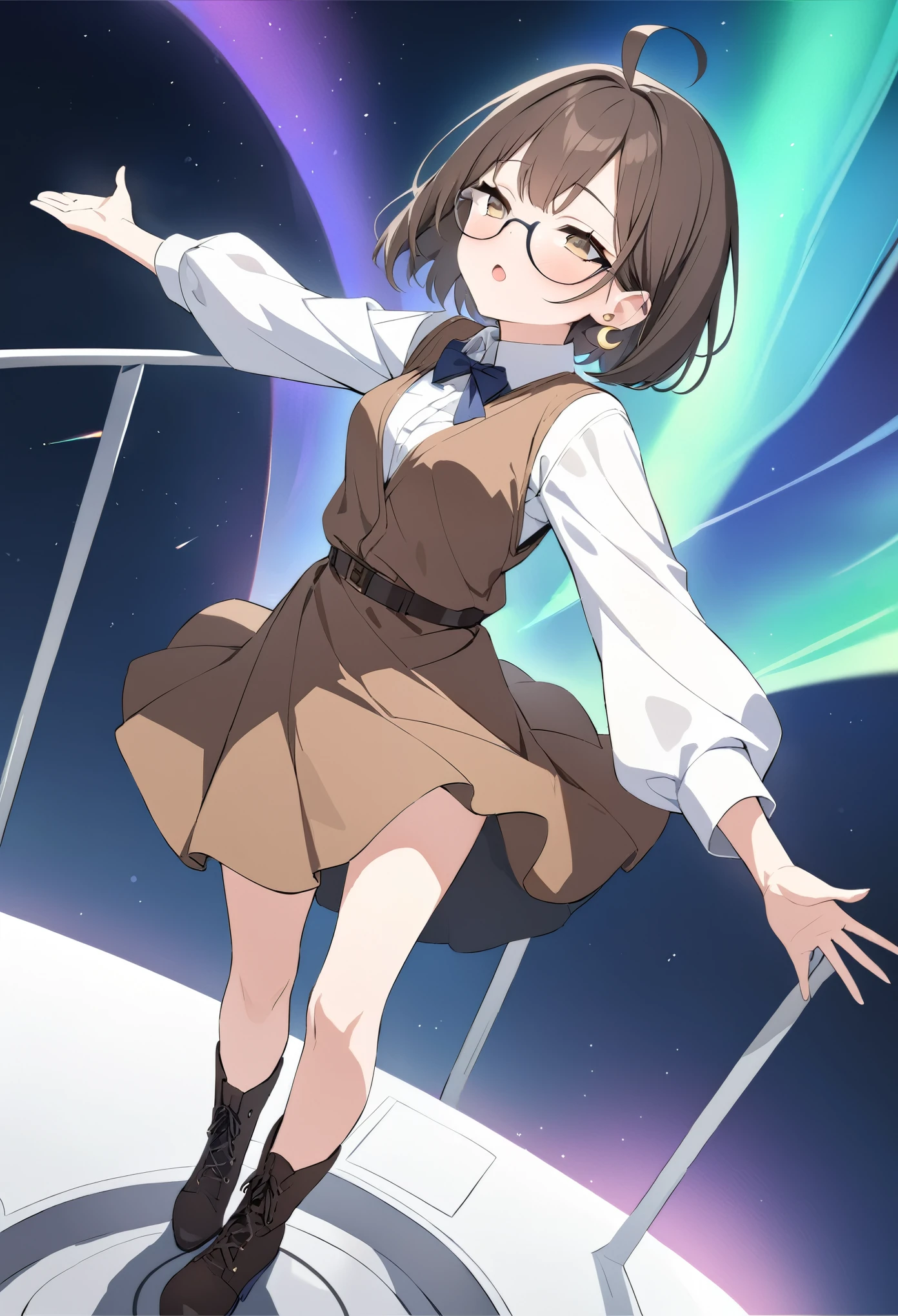 best quality, masterpiece, ultra resolution, super details, anatomically correct, a girl of twenty, full body, (dark brown hair:1.2), high quality eyes, high quality hands, short hair, light golden eyes, (twin short ahoges:1.3), (glasses:1.3), asymmetric earrings, (round earring on the right ear:1.4), (crescent earring on the left ear:1.2), medium breasts, white shirt, brown vest dress, long sleeves, loose sleeves, (long skirt), short boots, looking up, half closed eyes, open mouth, spreading arms, several belts of aurora circling around her body, gender expression, fluish, (spinning on tiptoe), on the bridge of a starship, high quality background, depth of field, dutch angle