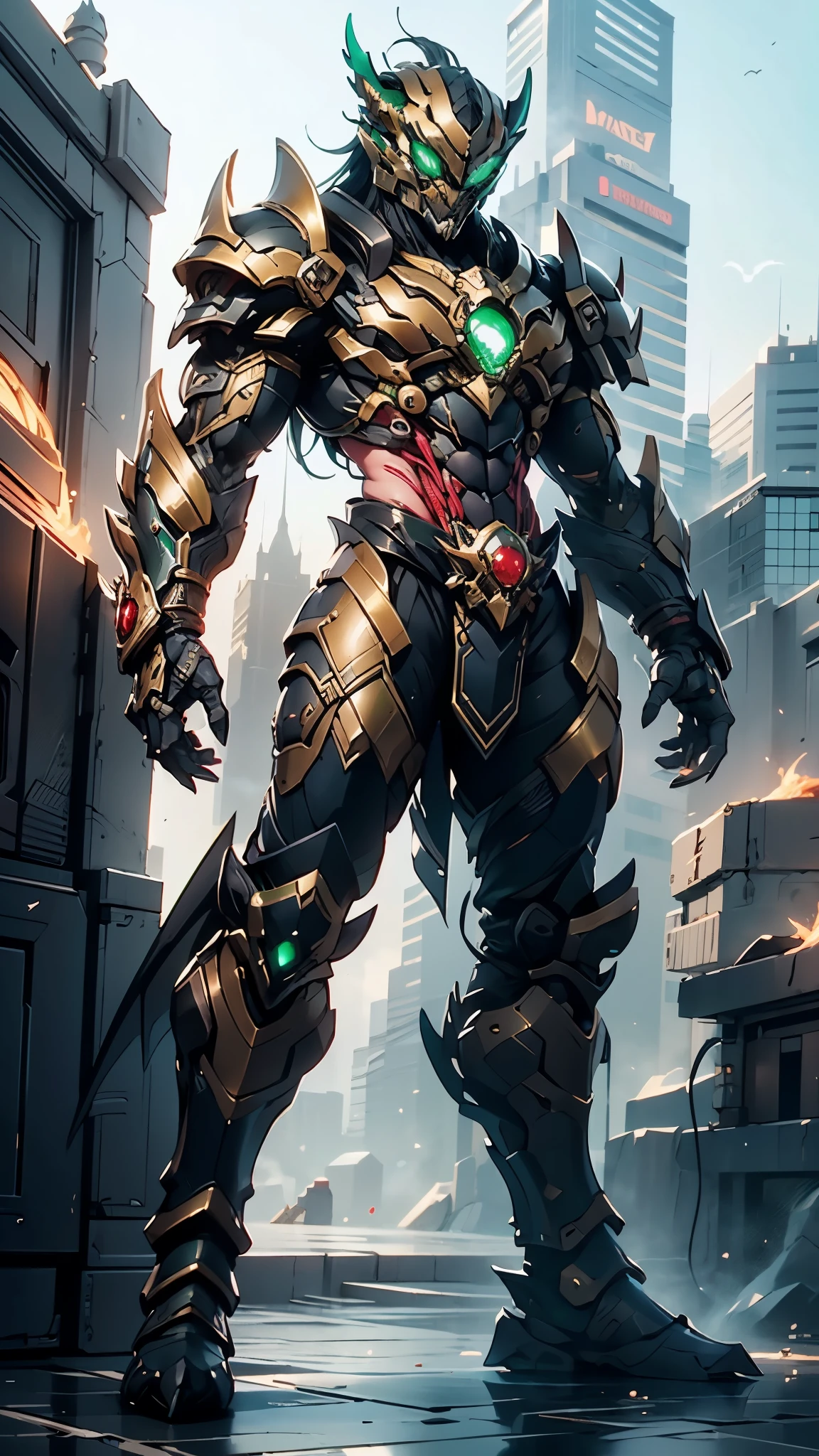 A man wearing a full-face helmet, a fantasy-style biotech armored combat suit, green eyes, (a composite layered chest armor), fully enclosed shoulder guards, matching arm and leg guards, the belt is adorned with dragon claw grasping orbs, (primarily black with red accents), the design balances heavy with agility, a high-tech bio-mecha armor, (lion concept Armor, stand on the top of a skyscraper in a futuristic sci-fi city), this character embodies a finely crafted fantasy-surreal style armored hero in anime style, exquisite and mature manga art style, (element, plasma, energy, the armor glows), ((male:1.5)), metallic, real texture material, dramatic, high definition, best quality, highres, ultra-detailed, ultra-fine painting, extremely delicate, professional, perfect body proportions, golden ratio, anatomically correct, symmetrical face, extremely detailed eyes and face, high quality eyes, creativity, RAW photo, UHD, 32k, Natural light, cinematic lighting, masterpiece-anatomy-perfect, masterpiece:1.5