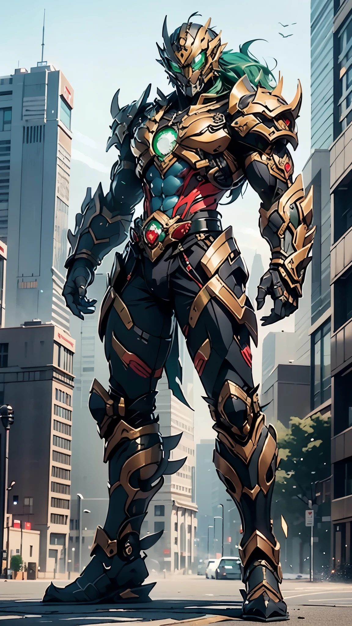 A man wearing a full-face helmet, a fantasy-style biotech armored combat suit, green eyes, (a composite layered chest armor), fully enclosed shoulder guards, matching arm and leg guards, the belt is adorned with dragon claw grasping orbs, (primarily black with red accents), the design balances heavy with agility, a high-tech bio-mecha armor, (lion concept Armor, stand on the top of a skyscraper in a futuristic sci-fi city), this character embodies a finely crafted fantasy-surreal style armored hero in anime style, exquisite and mature manga art style, (element, plasma, energy, the armor glows), ((male:1.5)), metallic, real texture material, dramatic, high definition, best quality, highres, ultra-detailed, ultra-fine painting, extremely delicate, professional, perfect body proportions, golden ratio, anatomically correct, symmetrical face, extremely detailed eyes and face, high quality eyes, creativity, RAW photo, UHD, 32k, Natural light, cinematic lighting, masterpiece-anatomy-perfect, masterpiece:1.5