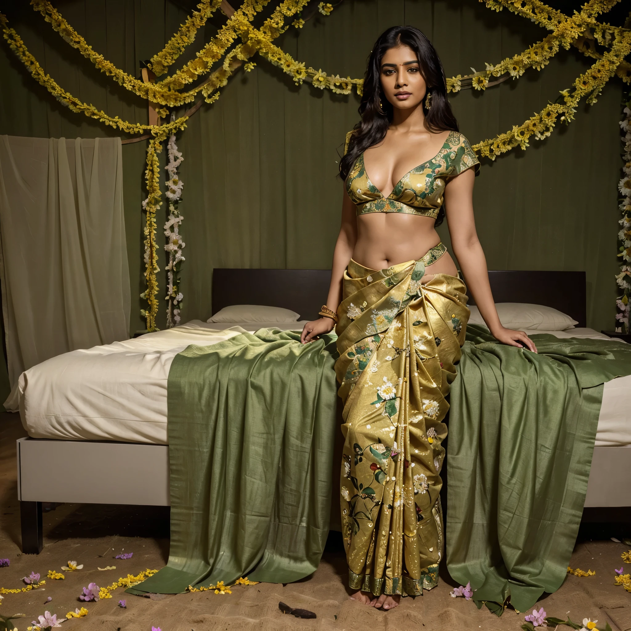 (((full body shot))), (full body, best quality,4k,8k,highres,masterpiece, realistic full body beautiful Indian woman in a bed of flowers in saree, golden saree with dark green flowers on it