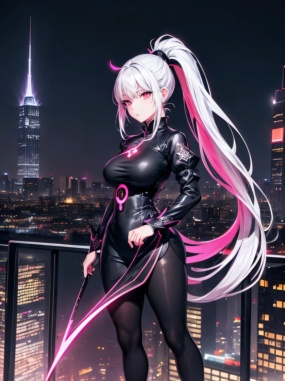 anime, (artwork, best quality, ultra-detailed, high contrast), 1 woman (Alone, full body, plus size body, standing on the edge of the skyscraper, silver hair, LONG In a ponytail, red eyes, perfect eyes ruby sparkles, (simple black qipao, black cybernetics with neon pink), transparent black socks), (skyscraper roof, overlooking a city, detailed background ((night time, Darkness, low light pollution)))
