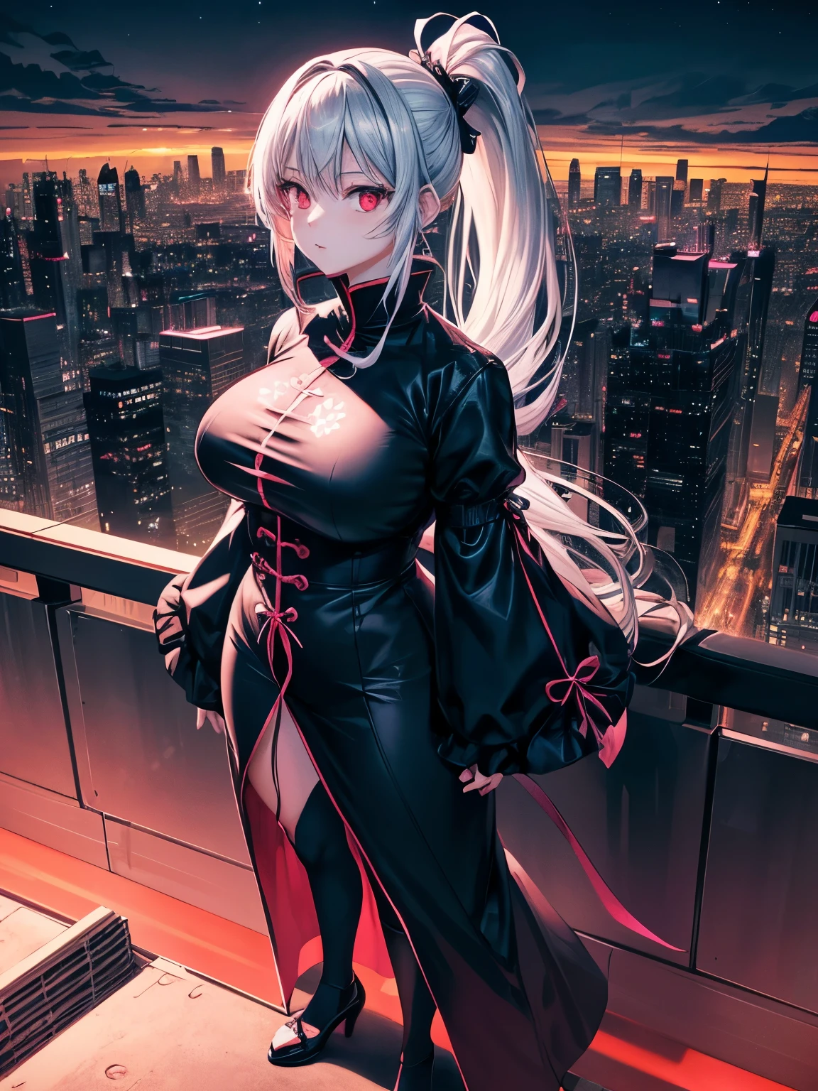 anime, (artwork, best quality, ultra-detailed, high contrast), 1 woman (Alone, full body, plus size body, standing on the edge of the skyscraper, silver hair, LONG In a ponytail, red eyes, perfect eyes ruby sparkles, (simple black qipao, black cybernetics with neon pink), transparent black socks), (skyscraper roof, overlooking a city, detailed background ((night time, Darkness, low light pollution)))