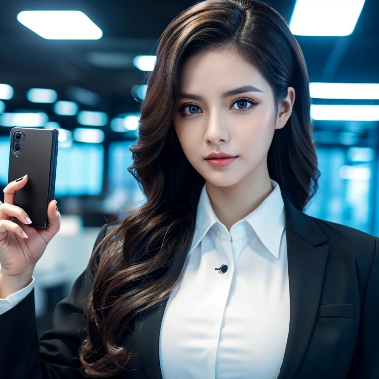 Big black eyes, aura, long hair with light black wavy, office suit sci-fi style, High quality, In large letters on the background text "JACKLYN",holding a phone cell camera for a selfie pose,medium body shot