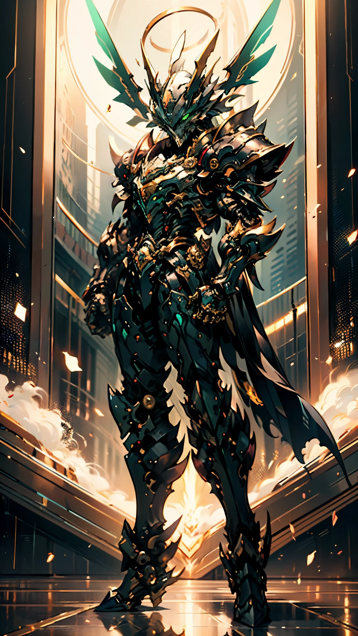 A man wearing a full-face helmet, a fantasy-style biotech armored combat suit, green eyes, (a composite layered chest armor), fully enclosed shoulder guards, matching arm and leg guards, the belt is adorned with dragon claw grasping orbs, (primarily black with red accents), the design balances heavy with agility, a high-tech bio-mecha armor, (lion concept Armor, stand on the top of a skyscraper in a futuristic sci-fi city), this character embodies a finely crafted fantasy-surreal style armored hero in anime style, exquisite and mature manga art style, (element, plasma, energy, the armor glows), ((male:1.5)), metallic, real texture material, dramatic, high definition, best quality, highres, ultra-detailed, ultra-fine painting, extremely delicate, professional, perfect body proportions, golden ratio, anatomically correct, symmetrical face, extremely detailed eyes and face, high quality eyes, creativity, RAW photo, UHD, 32k, Natural light, cinematic lighting, masterpiece-anatomy-perfect, masterpiece:1.5