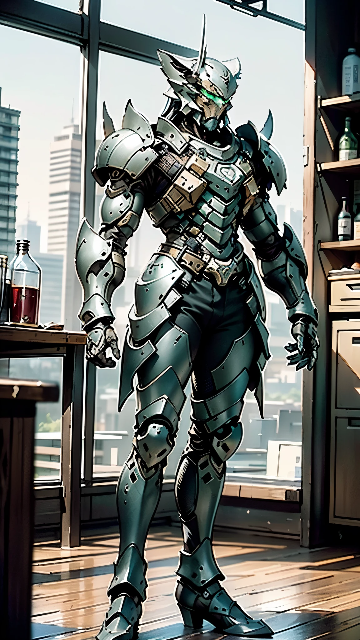 A man wearing a full-face helmet, a fantasy-style biotech armored combat suit, green eyes, (a composite layered chest armor), fully enclosed shoulder guards, matching arm and leg guards, the belt is adorned with dragon claw grasping orbs, (primarily black with red accents), the design balances heavy with agility, a high-tech bio-mecha armor, (lion concept Armor, stand on the top of a skyscraper in a futuristic sci-fi city), this character embodies a finely crafted fantasy-surreal style armored hero in anime style, exquisite and mature manga art style, (element, plasma, energy, the armor glows), ((male:1.5)), metallic, real texture material, dramatic, high definition, best quality, highres, ultra-detailed, ultra-fine painting, extremely delicate, professional, perfect body proportions, golden ratio, anatomically correct, symmetrical face, extremely detailed eyes and face, high quality eyes, creativity, RAW photo, UHD, 32k, Natural light, cinematic lighting, masterpiece-anatomy-perfect, masterpiece:1.5